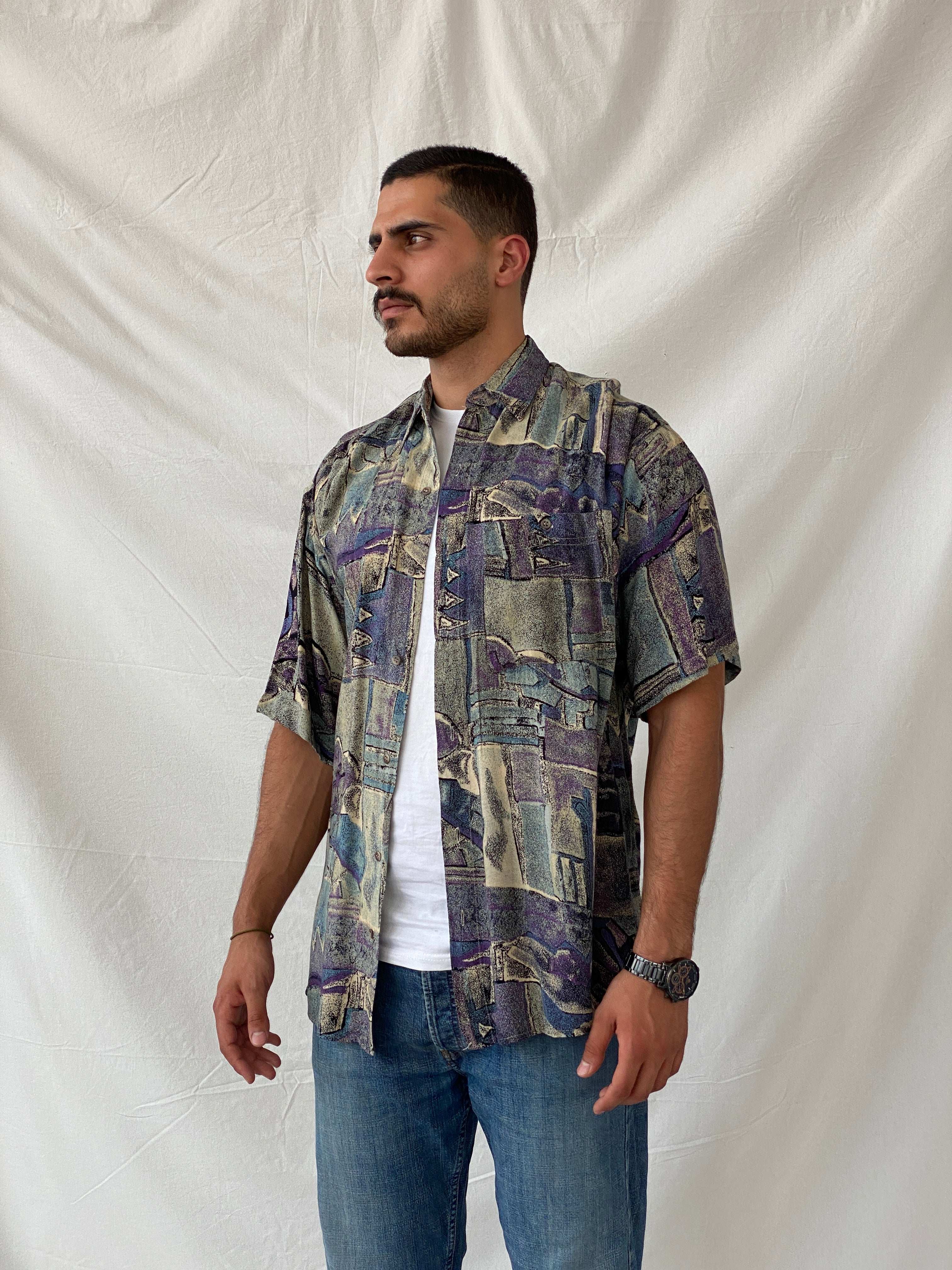 Vintage AMICI Purple Abstract Print Men’s Button Up Shirt - L - Balagan Vintage Half Sleeve Shirt 90s, half sleeve shirt, mens shirt, printed shirt, Ramez