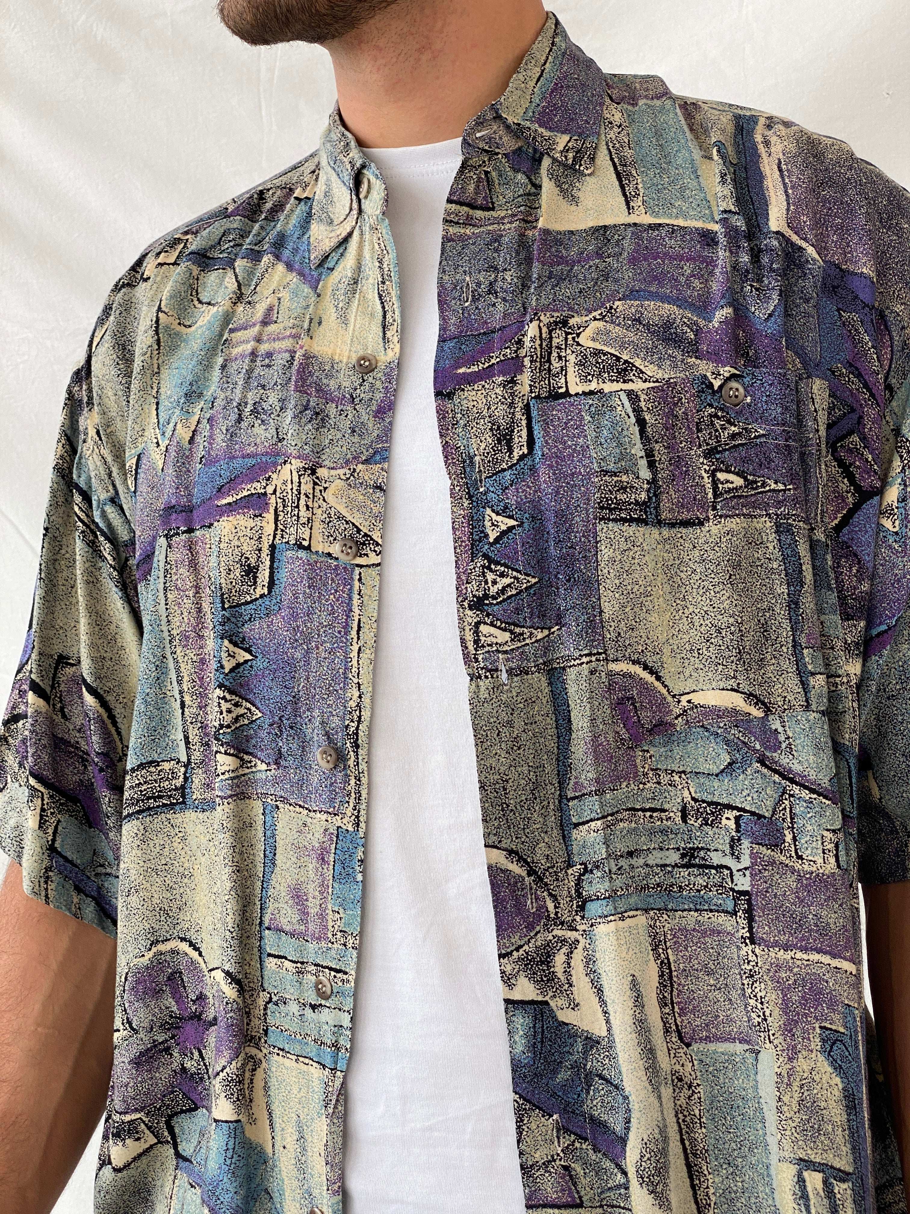 Vintage AMICI Purple Abstract Print Men’s Button Up Shirt - L - Balagan Vintage Half Sleeve Shirt 90s, half sleeve shirt, mens shirt, printed shirt, Ramez