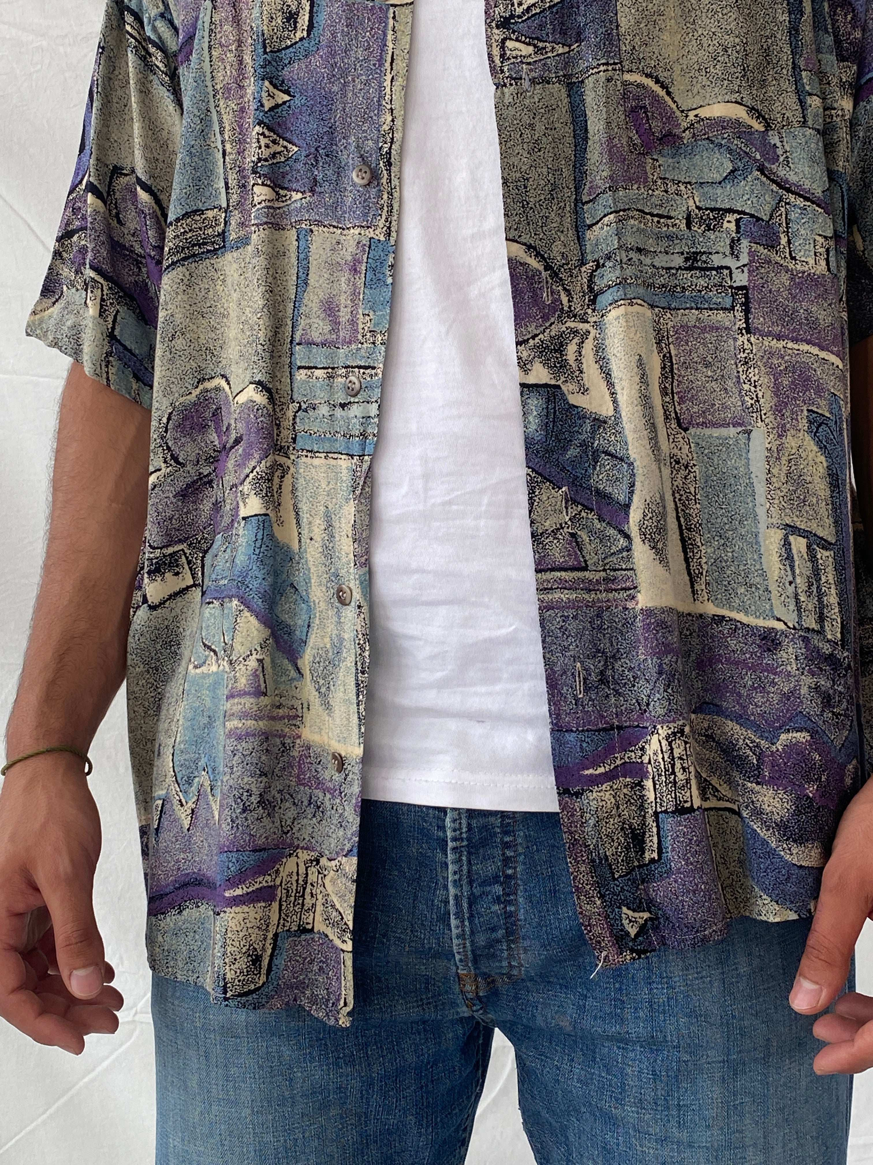 Vintage AMICI Purple Abstract Print Men’s Button Up Shirt - L - Balagan Vintage Half Sleeve Shirt 90s, half sleeve shirt, mens shirt, printed shirt, Ramez