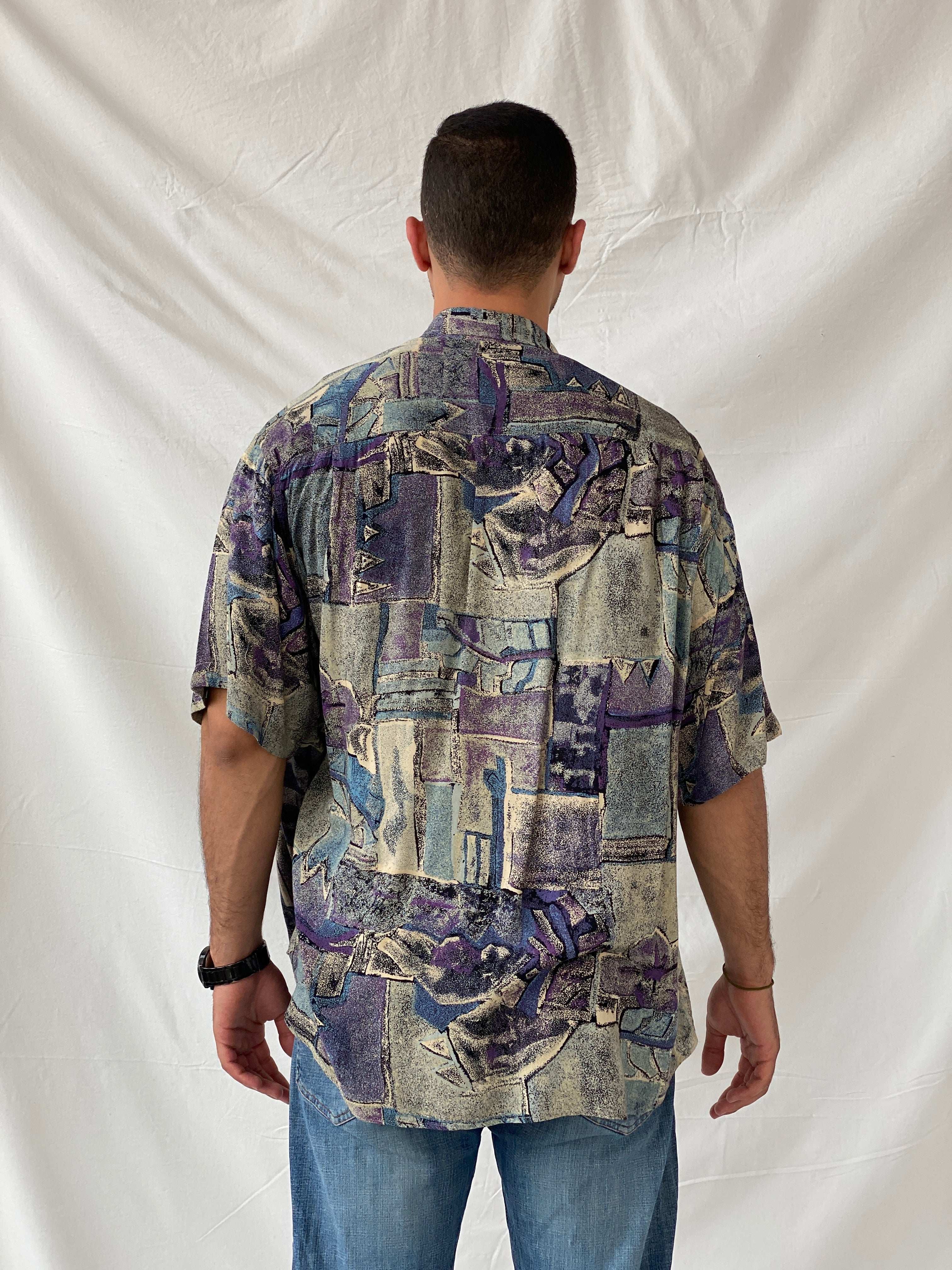 Vintage AMICI Purple Abstract Print Men’s Button Up Shirt - L - Balagan Vintage Half Sleeve Shirt 90s, half sleeve shirt, mens shirt, printed shirt, Ramez