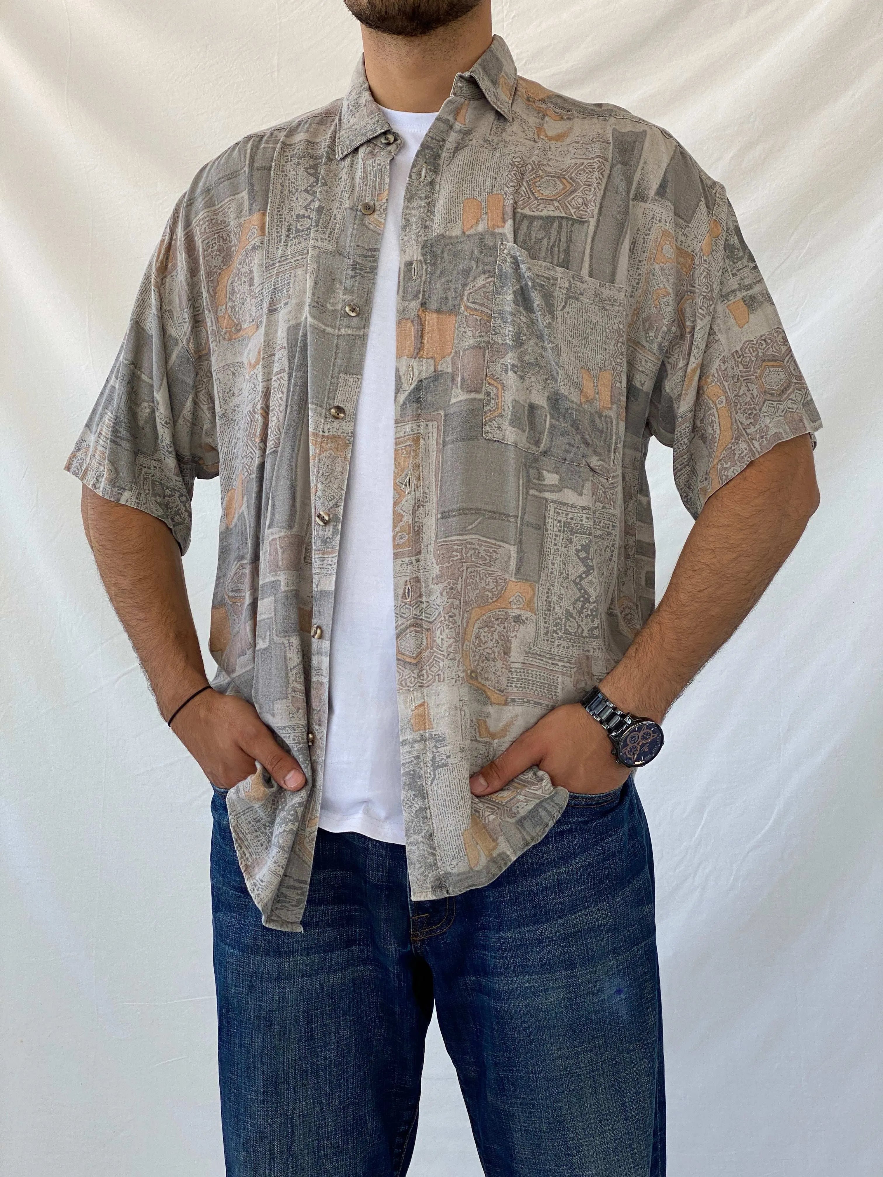 Vintage Anchor Blue Men‘s Button Up Printed Shirt - L - Balagan Vintage Half Sleeve Shirt 90s, half sleeve shirt, mens shirt, printed shirt, Ramez