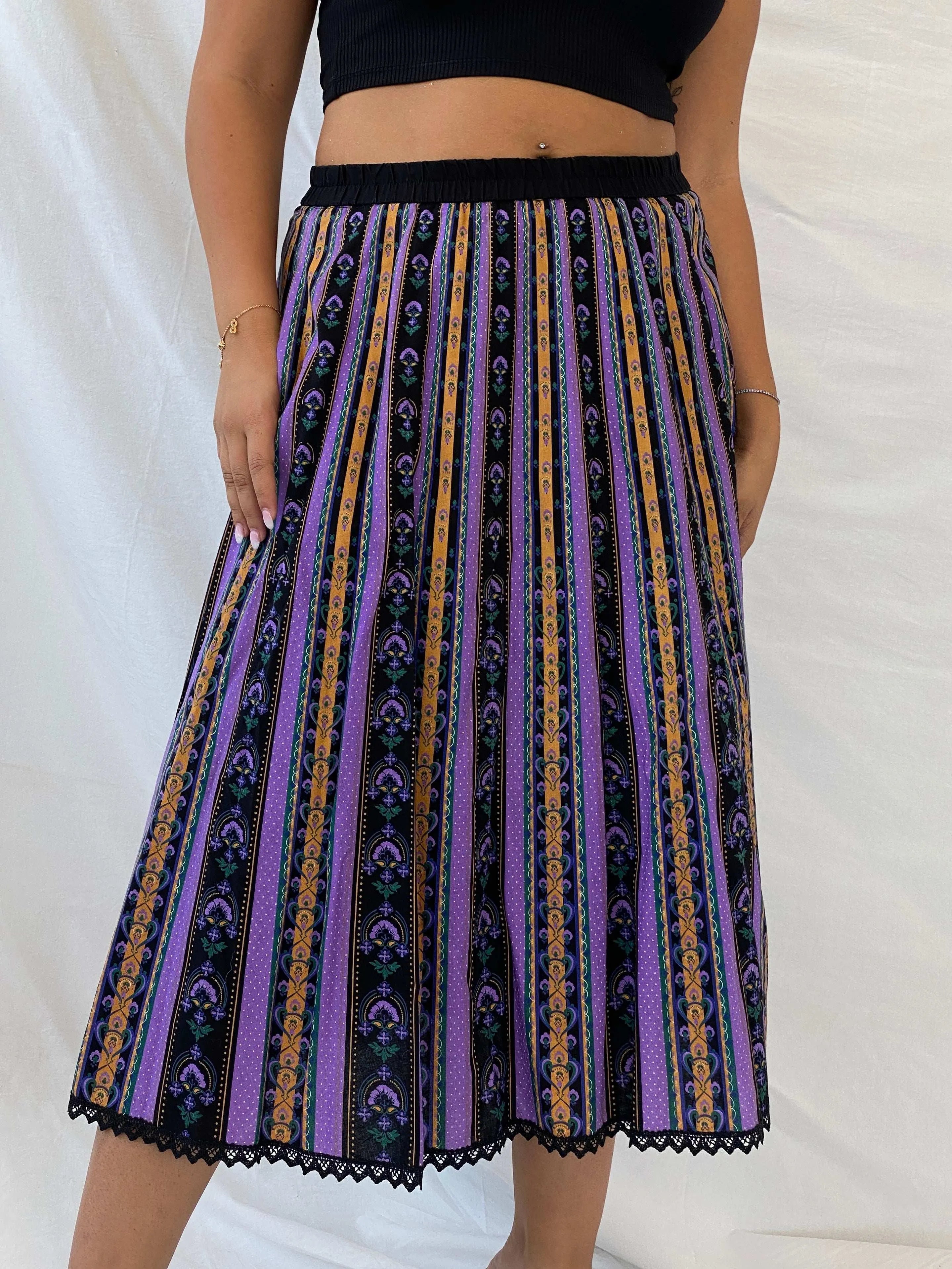 Vintage Angelika Moden Striped German-Folk Black and Purple Midi Cotton Skirt - L - Balagan Vintage Midi Skirt 00s, 90s, Dina, floral skirt, midi skirt, women skirt