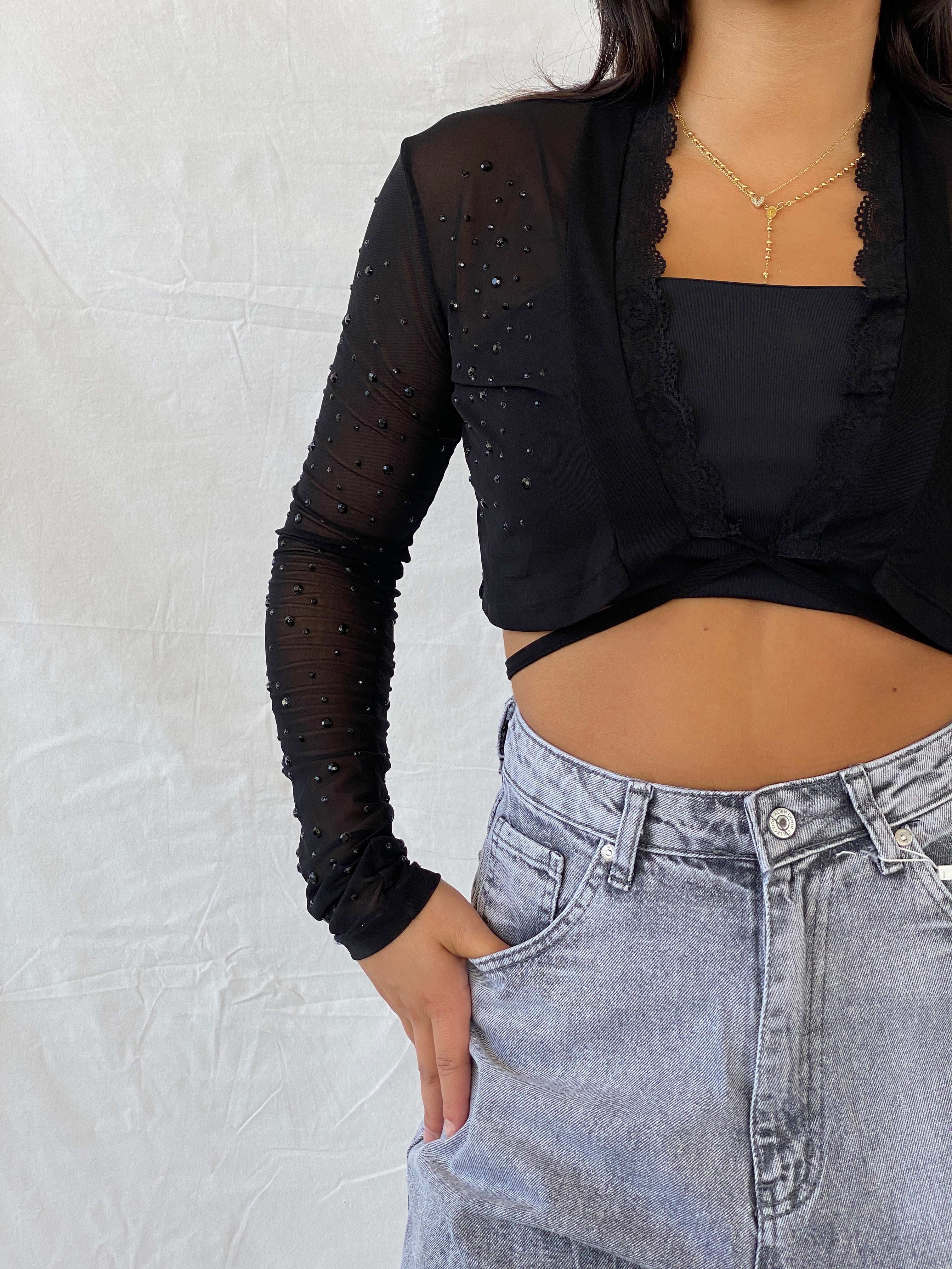 Vintage Angie Sheer Rhinestone Embellished Black Cardigan - M - Balagan Vintage Cardigan 00s, 90s, cardigan, Deals, Lana, mesh, mesh top, sheer