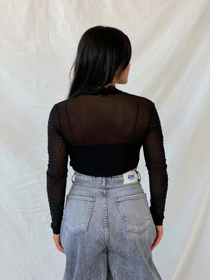 Vintage Angie Sheer Rhinestone Embellished Black Cardigan - M - Balagan Vintage Cardigan 00s, 90s, cardigan, Lana, mesh, mesh top, sheer