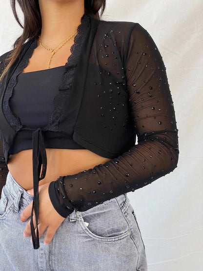 Vintage Angie Sheer Rhinestone Embellished Black Cardigan - M - Balagan Vintage Cardigan 00s, 90s, cardigan, Lana, mesh, mesh top, sheer