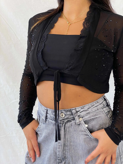 Vintage Angie Sheer Rhinestone Embellished Black Cardigan - M - Balagan Vintage Cardigan 00s, 90s, cardigan, Lana, mesh, mesh top, sheer