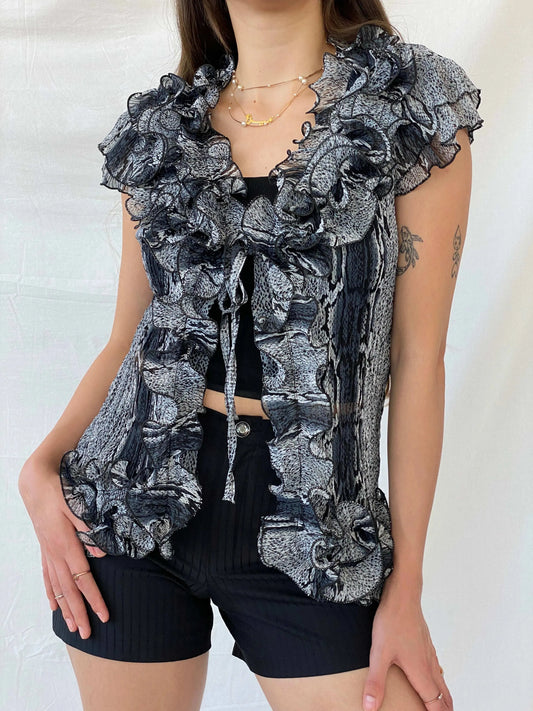Vintage Animal Print Ruffled Gray Frilled Short Sleeve Blouse - M - Balagan Vintage Half Sleeve Top 00s, animal print, Mira, women top