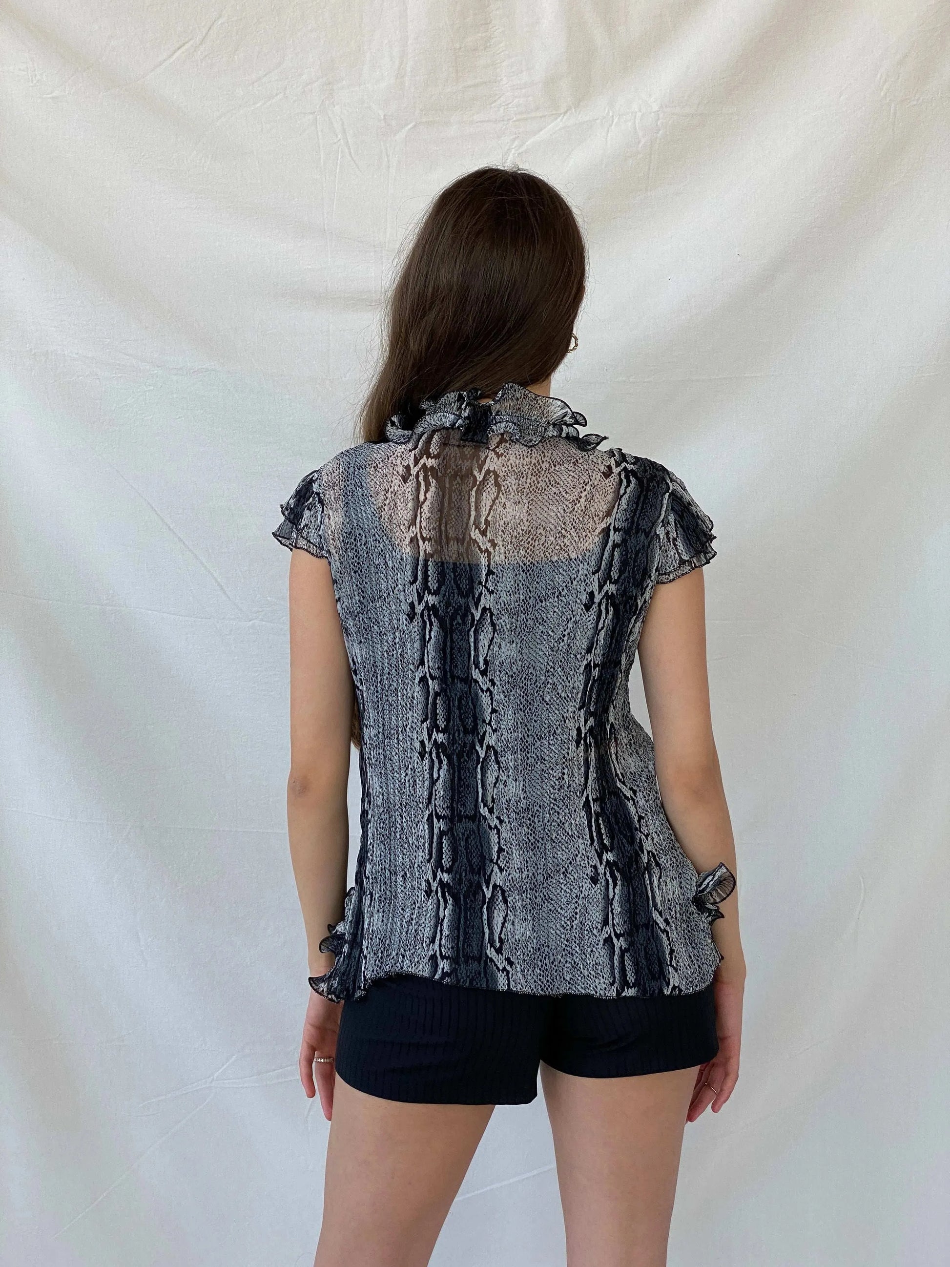 Vintage Animal Print Ruffled Gray Frilled Short Sleeve Blouse - M - Balagan Vintage Half Sleeve Top 00s, animal print, Mira, women top