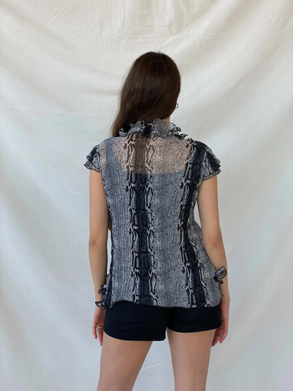 Vintage Animal Print Ruffled Gray Frilled Short Sleeve Blouse - M - Balagan Vintage Half Sleeve Top 00s, animal print, Mira, women top