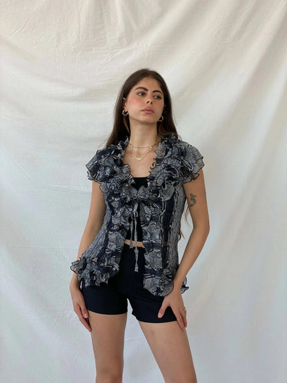 Vintage Animal Print Ruffled Gray Frilled Short Sleeve Blouse - M - Balagan Vintage Half Sleeve Top 00s, animal print, Mira, women top