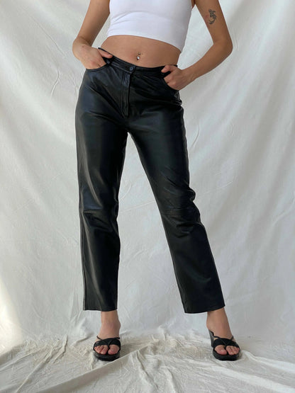 Vintage Aponaje Live Black Genuine Leather Motorcycle Pants - L - Balagan Vintage Pants genuine leather, leather, Mira, pants, women pants