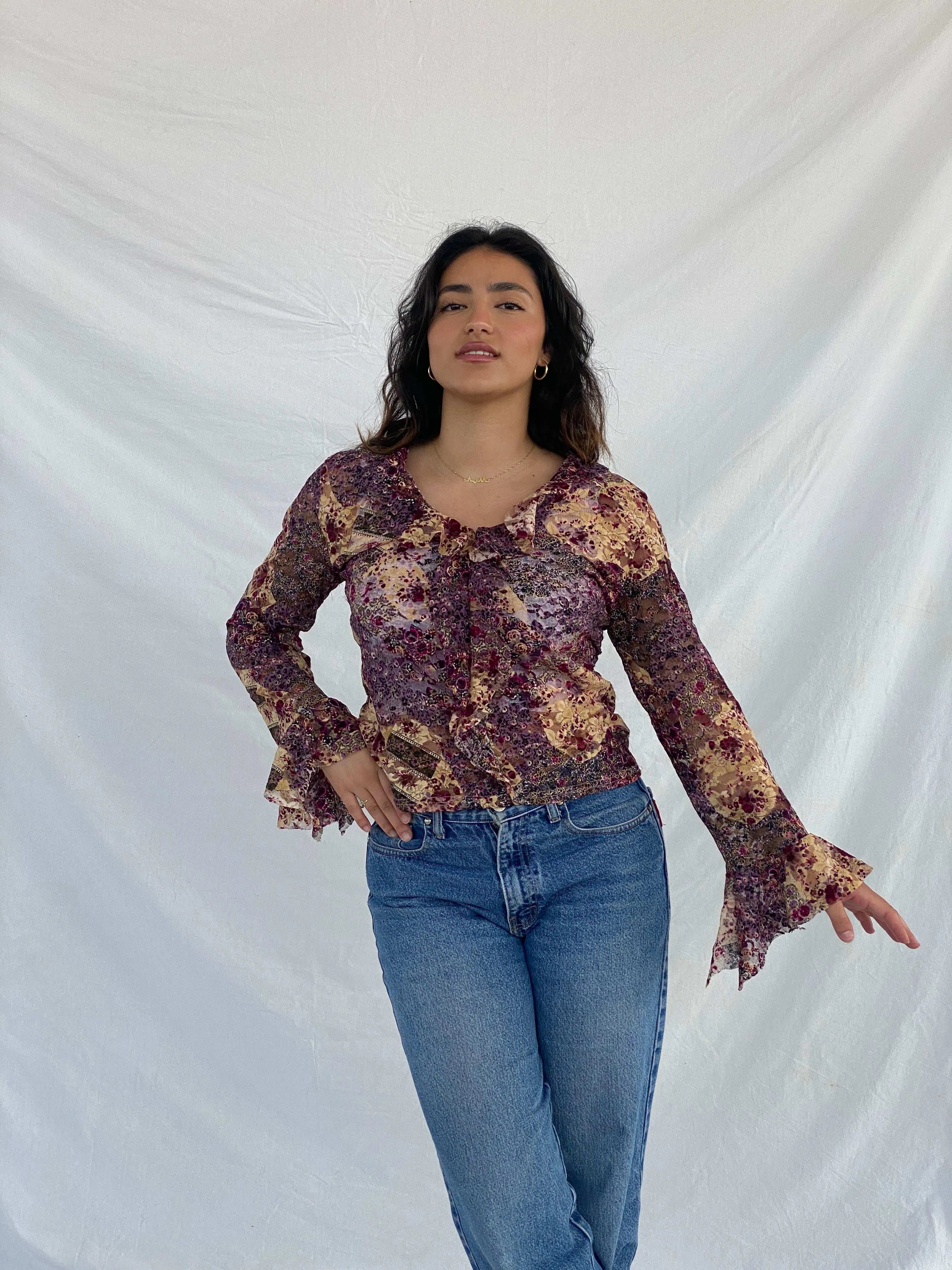 Vintage Aprés La Pluie Paris Floral Mesh Top - Size L - Balagan Vintage Full Sleeve Top 90s, floral top, full sleeve top, Lana, mesh top
