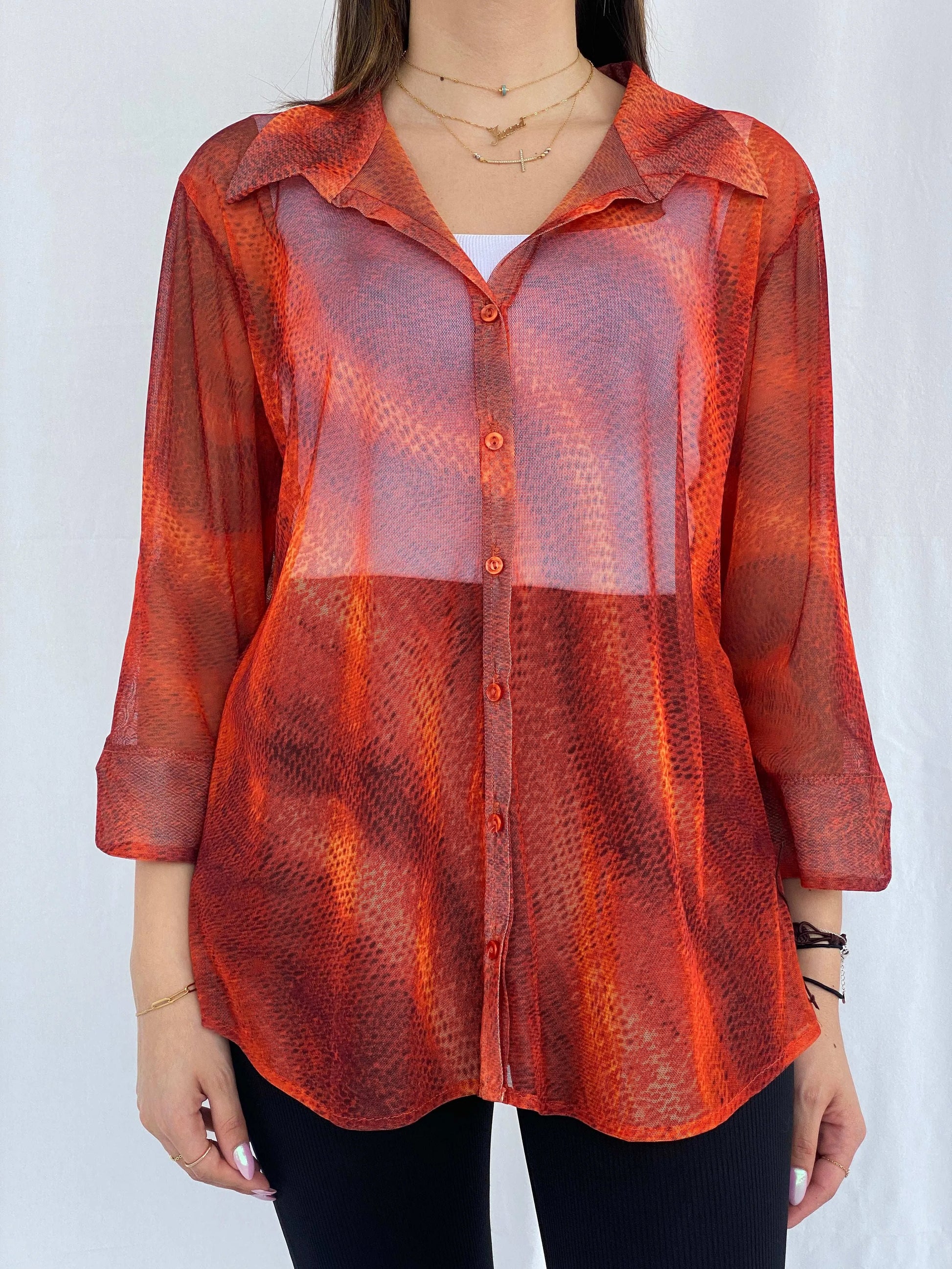 Vintage Ashley Stewart Orange Mesh Shirt Size L/XL - Balagan Vintage Full Sleeve Shirt 90s, full sleeve shirt, Juana, mesh, women skirt
