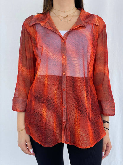 Vintage Ashley Stewart Orange Mesh Shirt Size L/XL - Balagan Vintage Full Sleeve Shirt 90s, full sleeve shirt, Juana, mesh, women skirt