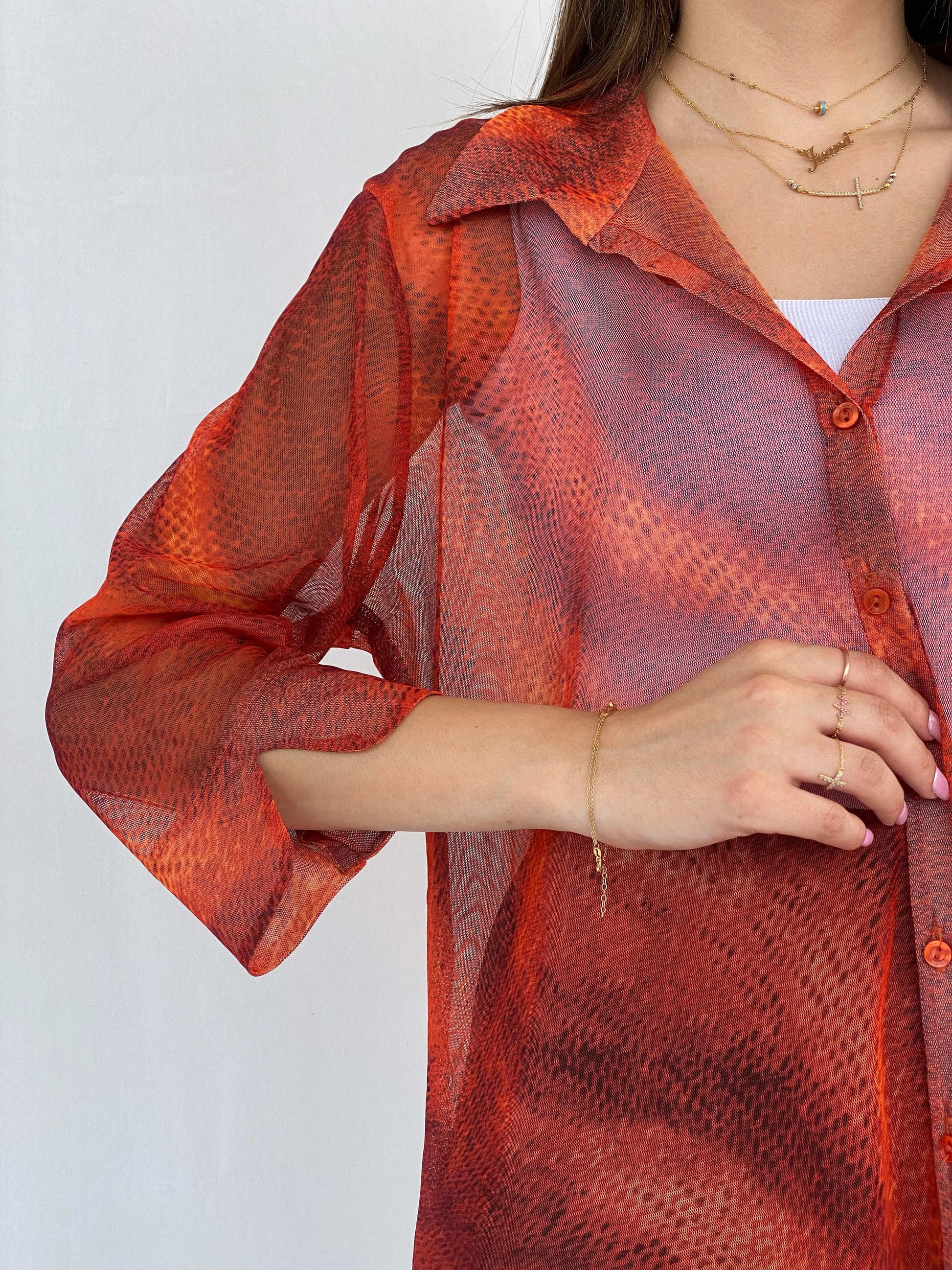 Vintage Ashley Stewart Orange Mesh Shirt Size L/XL - Balagan Vintage Full Sleeve Shirt 90s, full sleeve shirt, Juana, mesh, women skirt