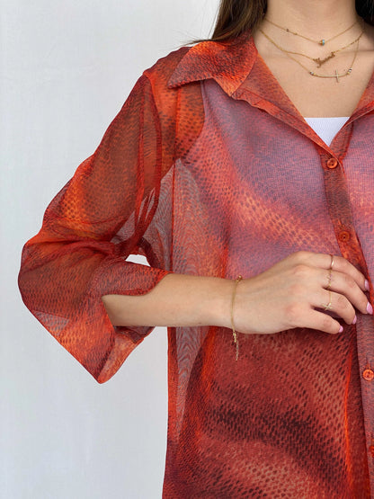 Vintage Ashley Stewart Orange Mesh Shirt Size L/XL - Balagan Vintage Full Sleeve Shirt 90s, full sleeve shirt, Juana, mesh, women skirt