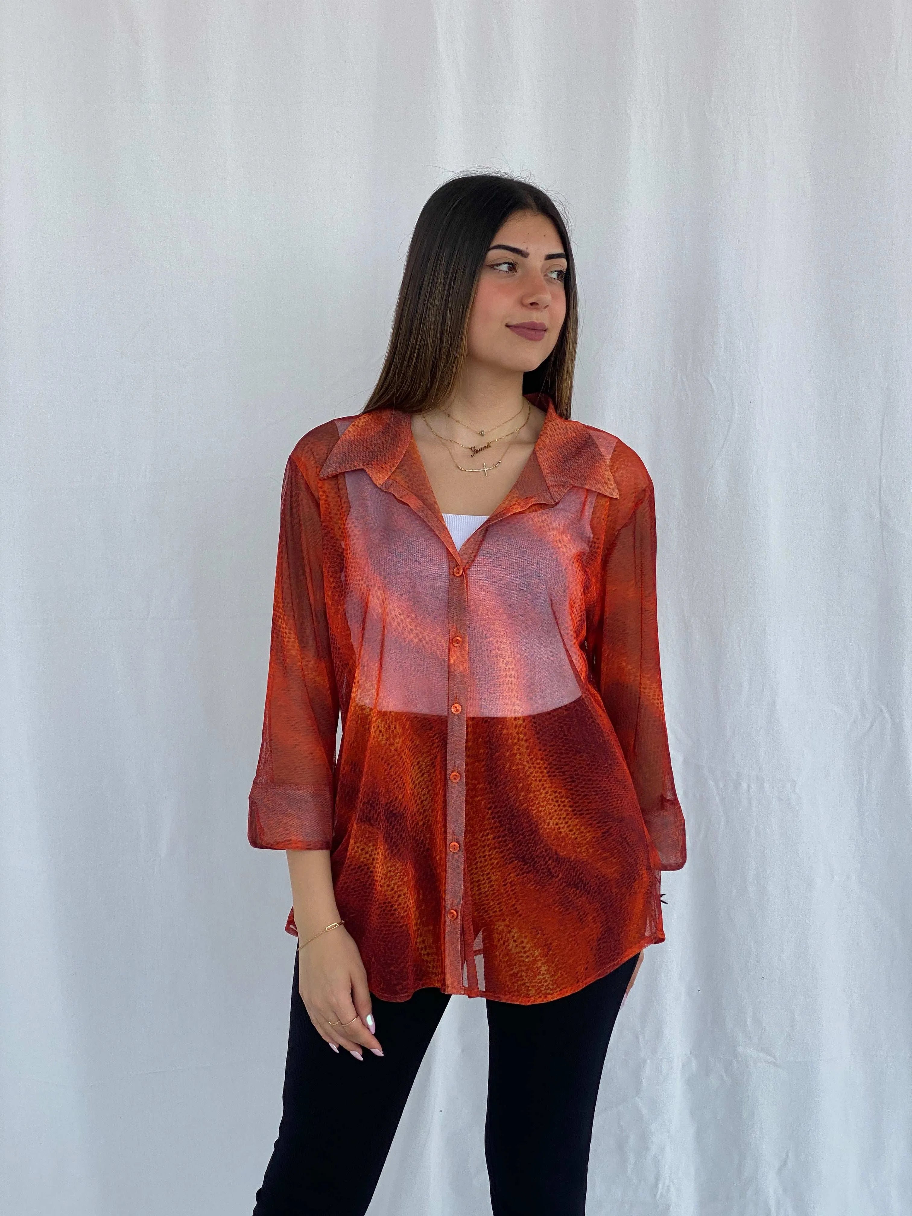 Vintage Ashley Stewart Orange Mesh Shirt Size L/XL - Balagan Vintage Full Sleeve Shirt 90s, full sleeve shirt, Juana, mesh, women skirt
