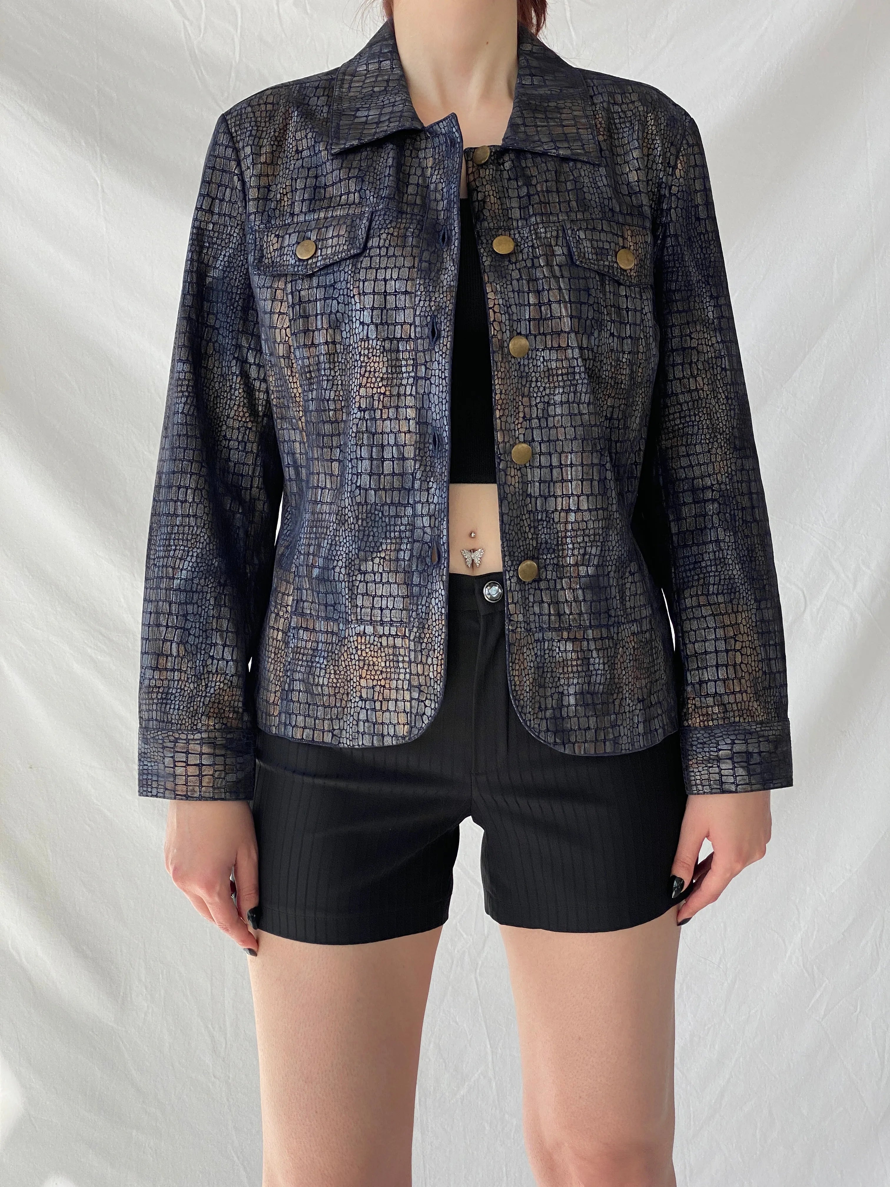 Vintage Bamboo Traders Petite Metallic Denim Snake Print Women’s Buttoned Blazer Jacket - L - Balagan Vintage Denim Jacket 00s, Ayah, Coats&Jackets, denim, denim jacket, winter, Women's Denim Jackets