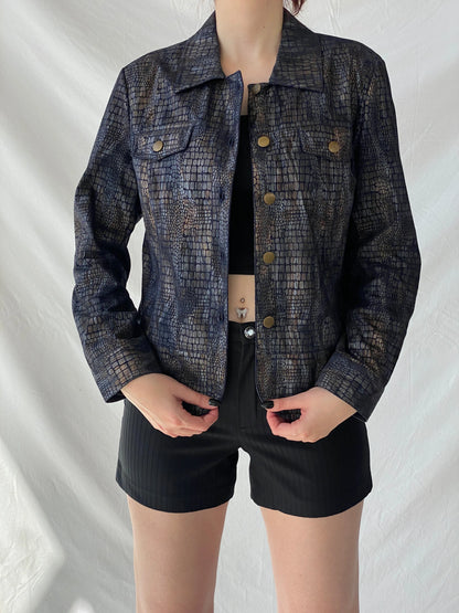 Vintage Bamboo Traders Petite Metallic Denim Snake Print Women’s Buttoned Blazer Jacket - L - Balagan Vintage Denim Jacket 00s, Ayah, Coats&Jackets, denim, denim jacket, winter, Women's Denim Jackets