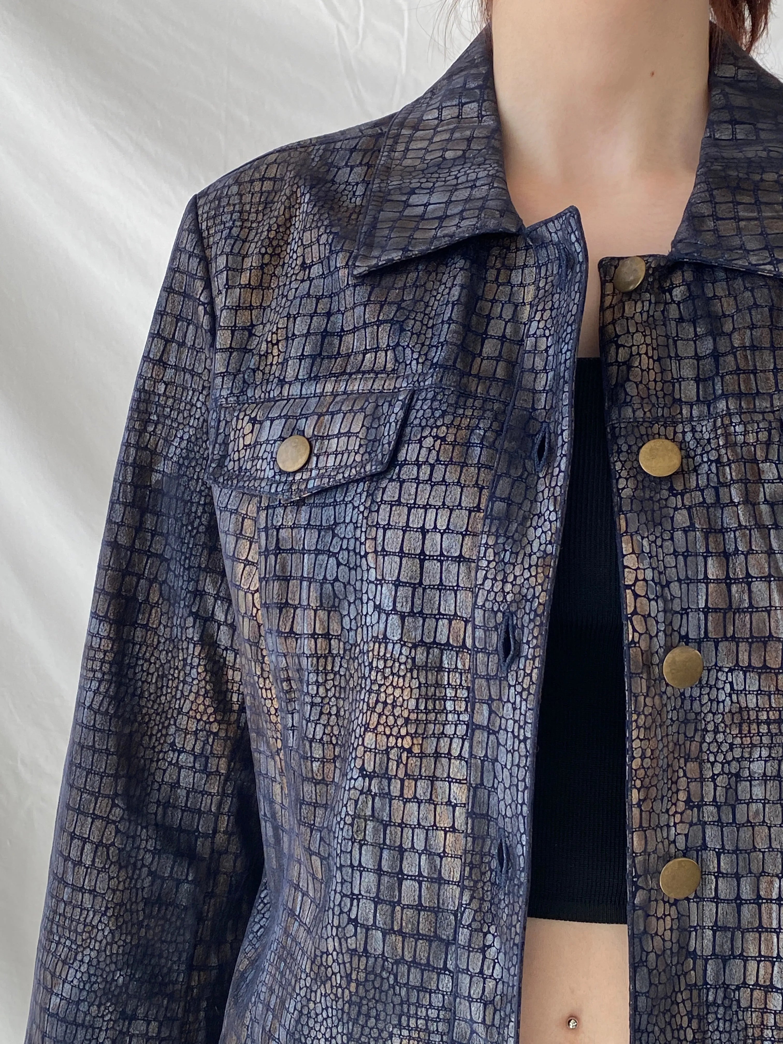 Vintage Bamboo Traders Petite Metallic Denim Snake Print Women’s Buttoned Blazer Jacket - L - Balagan Vintage Denim Jacket 00s, Ayah, Coats&Jackets, denim, denim jacket, winter, Women's Denim Jackets