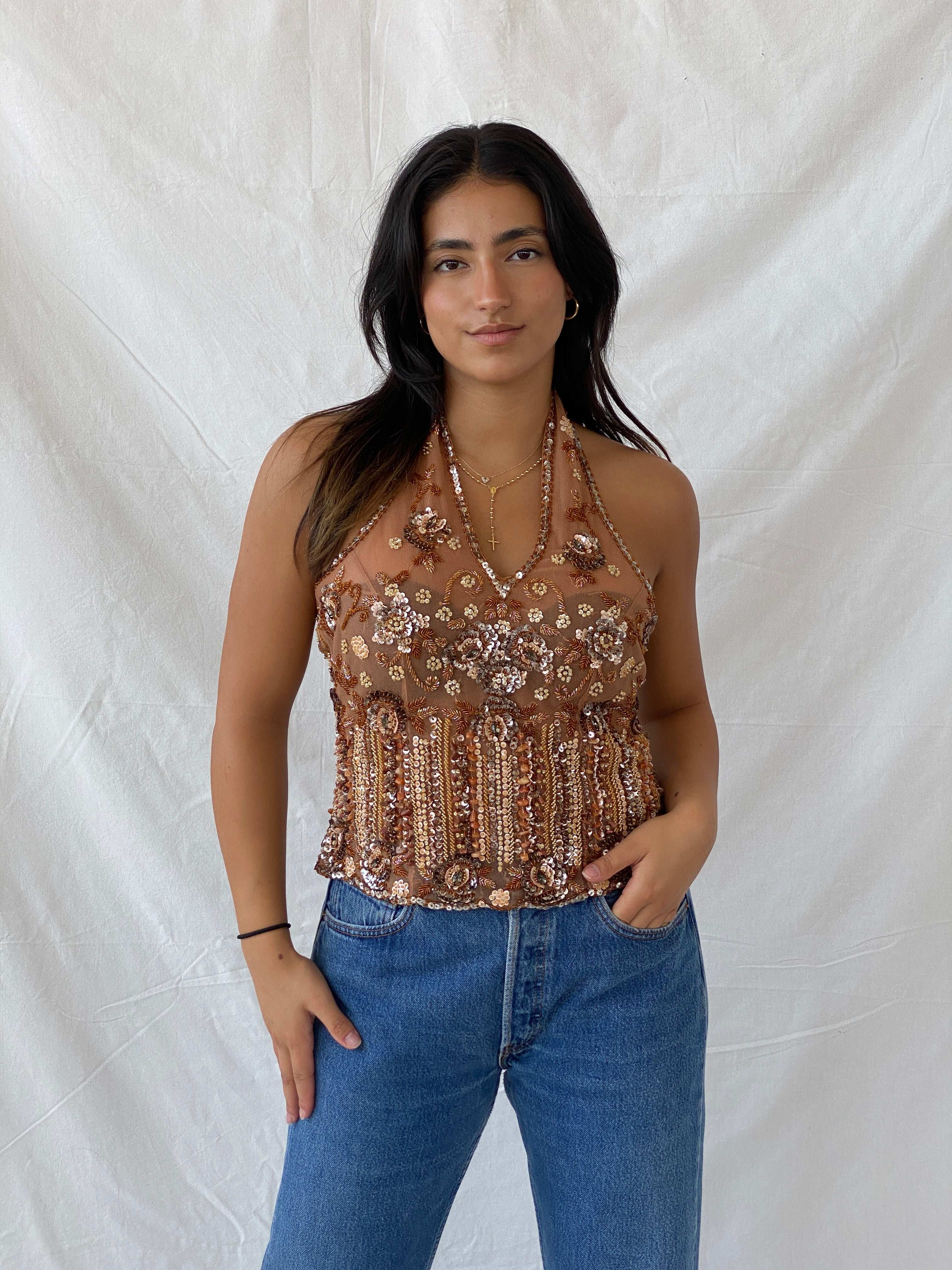 Vintage Beaded Sheer Halter Top - M - Balagan Vintage Halter Top 00s, beaded, formal, halter top, Lana, summer