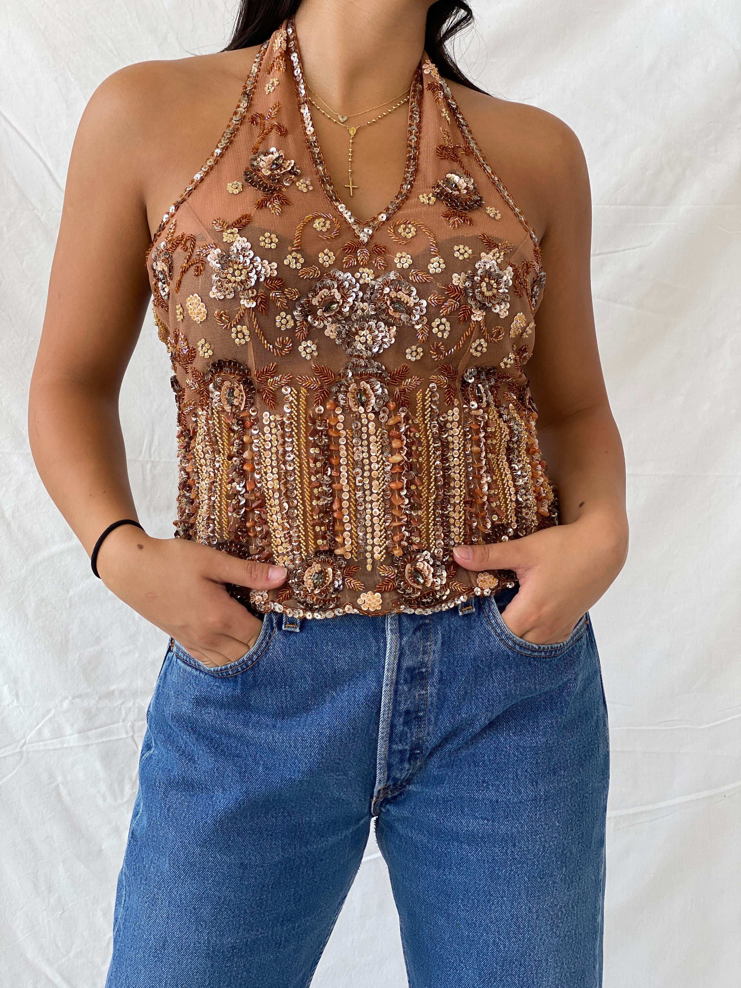 Vintage Beaded Sheer Halter Top - M - Balagan Vintage Halter Top 00s, beaded, formal, halter top, Lana, summer