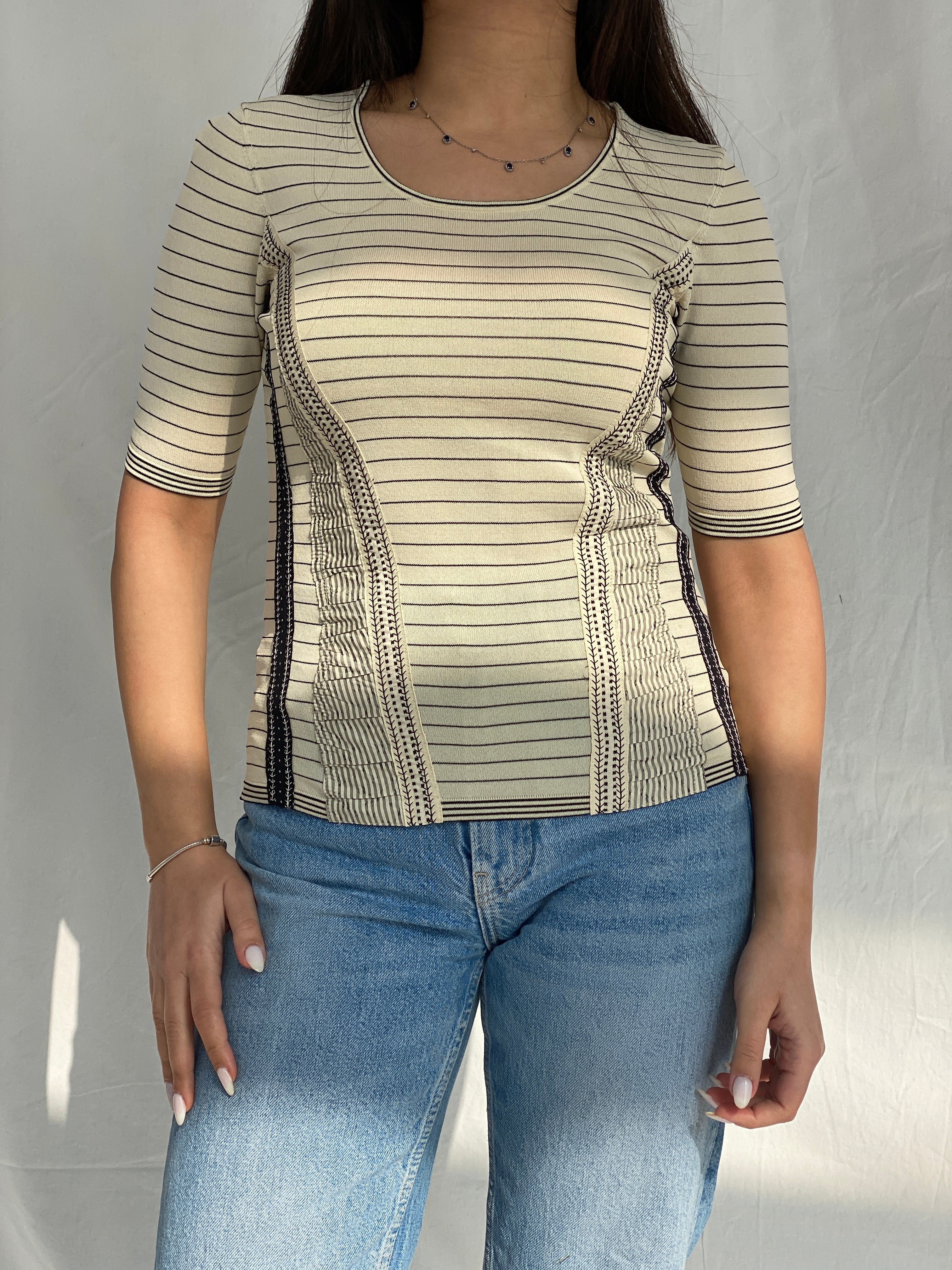 Vintage Beige Striped Women’s Top with Ruched Panels & Contrast Stitching - S - Balagan Vintage Full Sleeve Top 00s, Fatima, striped, striped shirt, women top