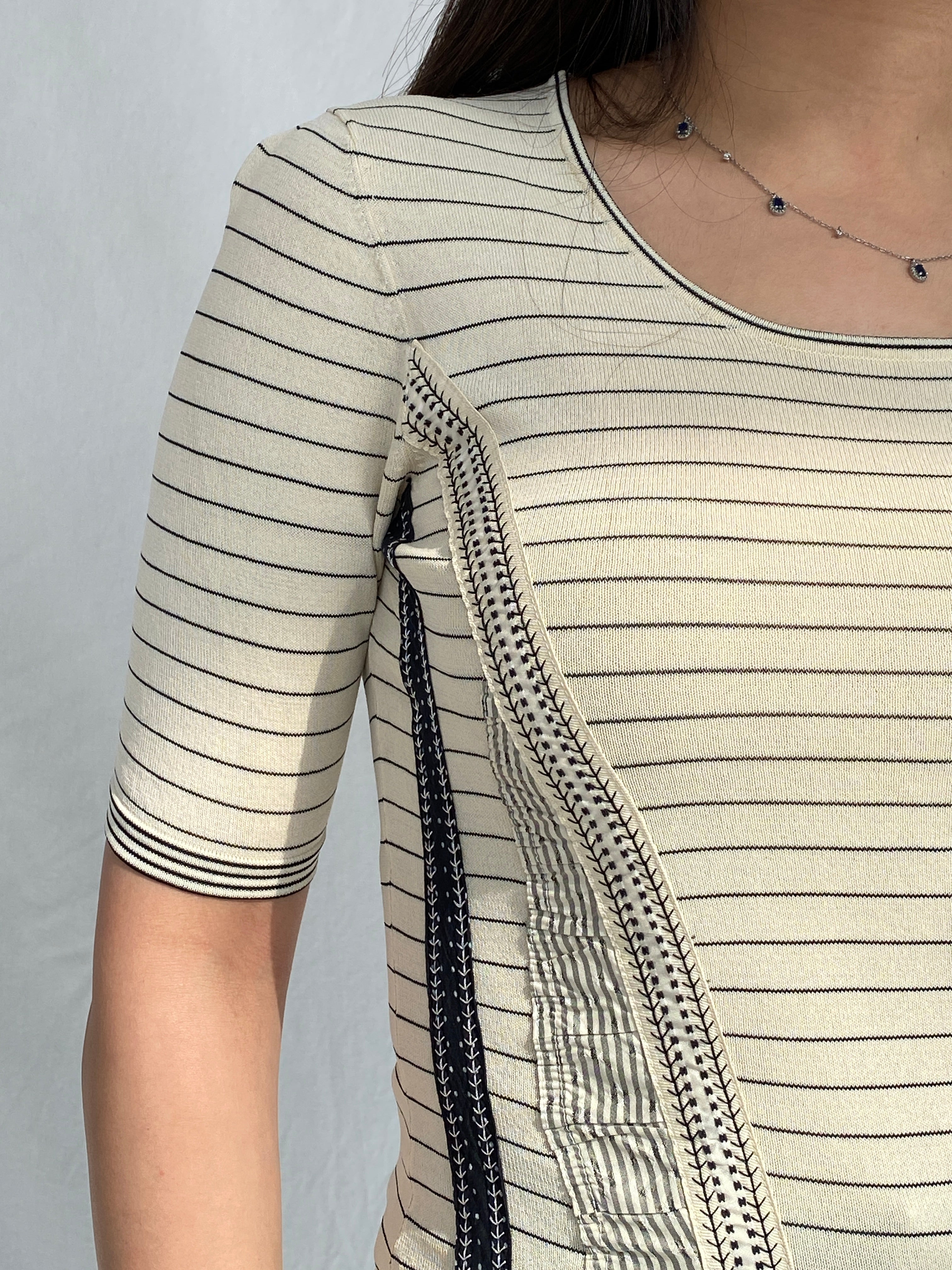 Vintage Beige Striped Women’s Top with Ruched Panels & Contrast Stitching - S - Balagan Vintage Full Sleeve Top 00s, Fatima, striped, striped shirt, women top