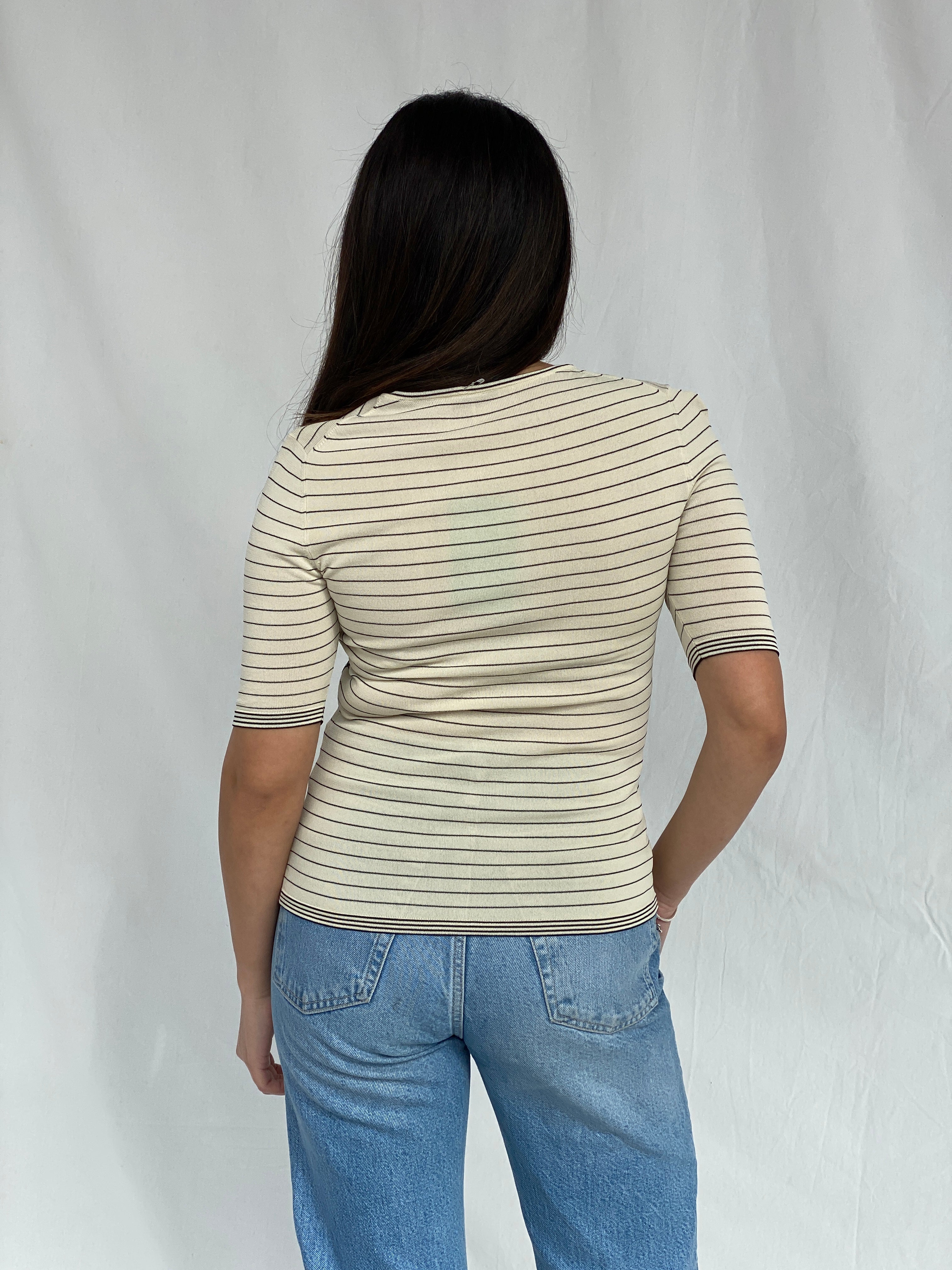 Vintage Beige Striped Women’s Top with Ruched Panels & Contrast Stitching - S - Balagan Vintage Full Sleeve Top 00s, Fatima, striped, striped shirt, women top