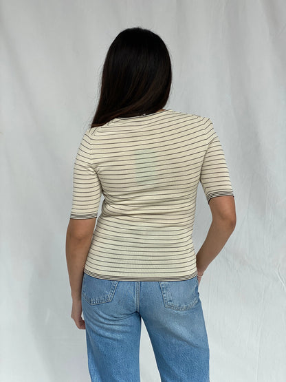 Vintage Beige Striped Women’s Top with Ruched Panels & Contrast Stitching - S - Balagan Vintage Full Sleeve Top 00s, Fatima, striped, striped shirt, women top