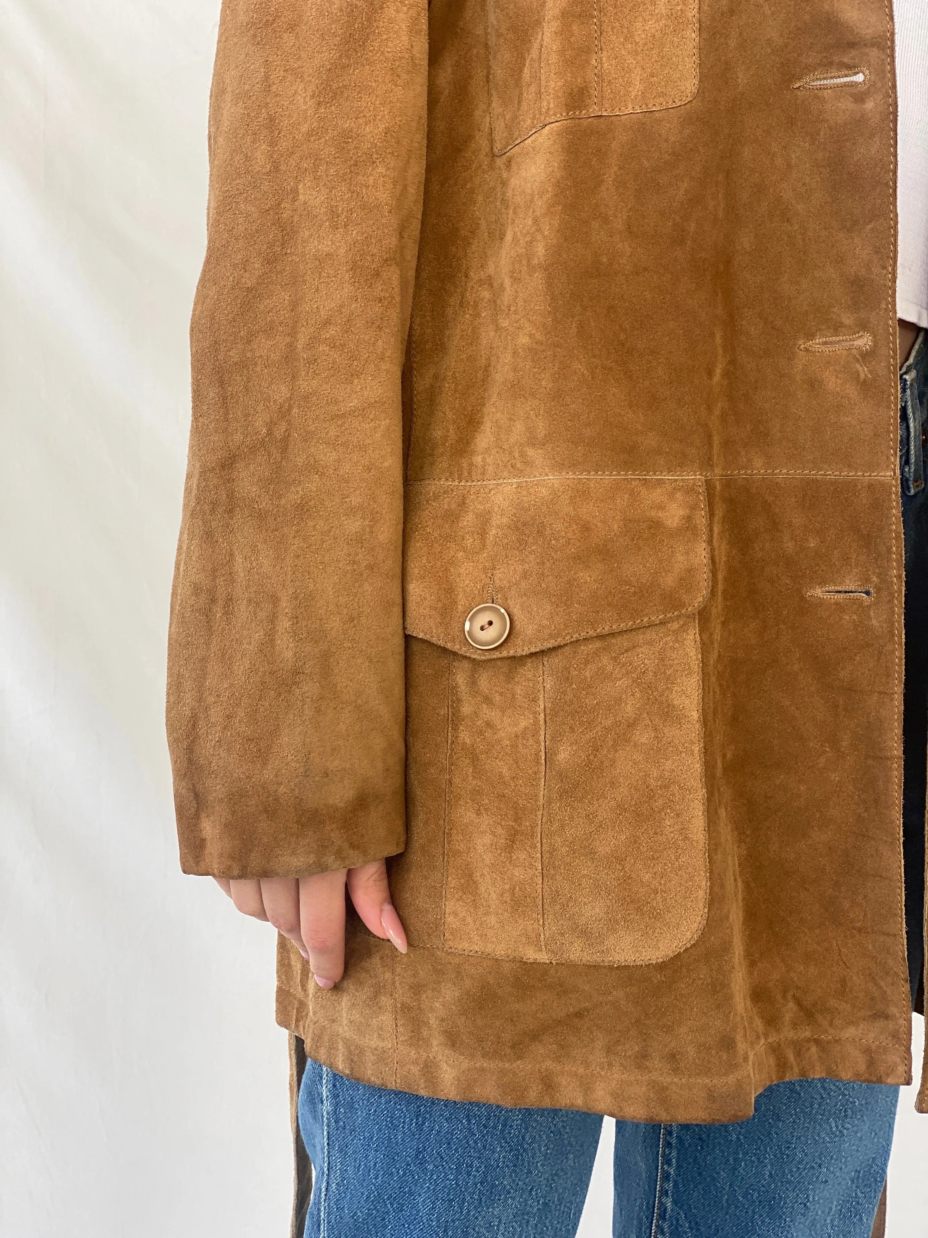 Vintage BELFE & BELFE Tan Genuine Suede Leather Buttoned Jacket - L - Balagan Vintage Coat 90s, brown leather, Christine, Coats&Jackets, genuine leather coat, leather coat, winter, Women's Leather Jackets