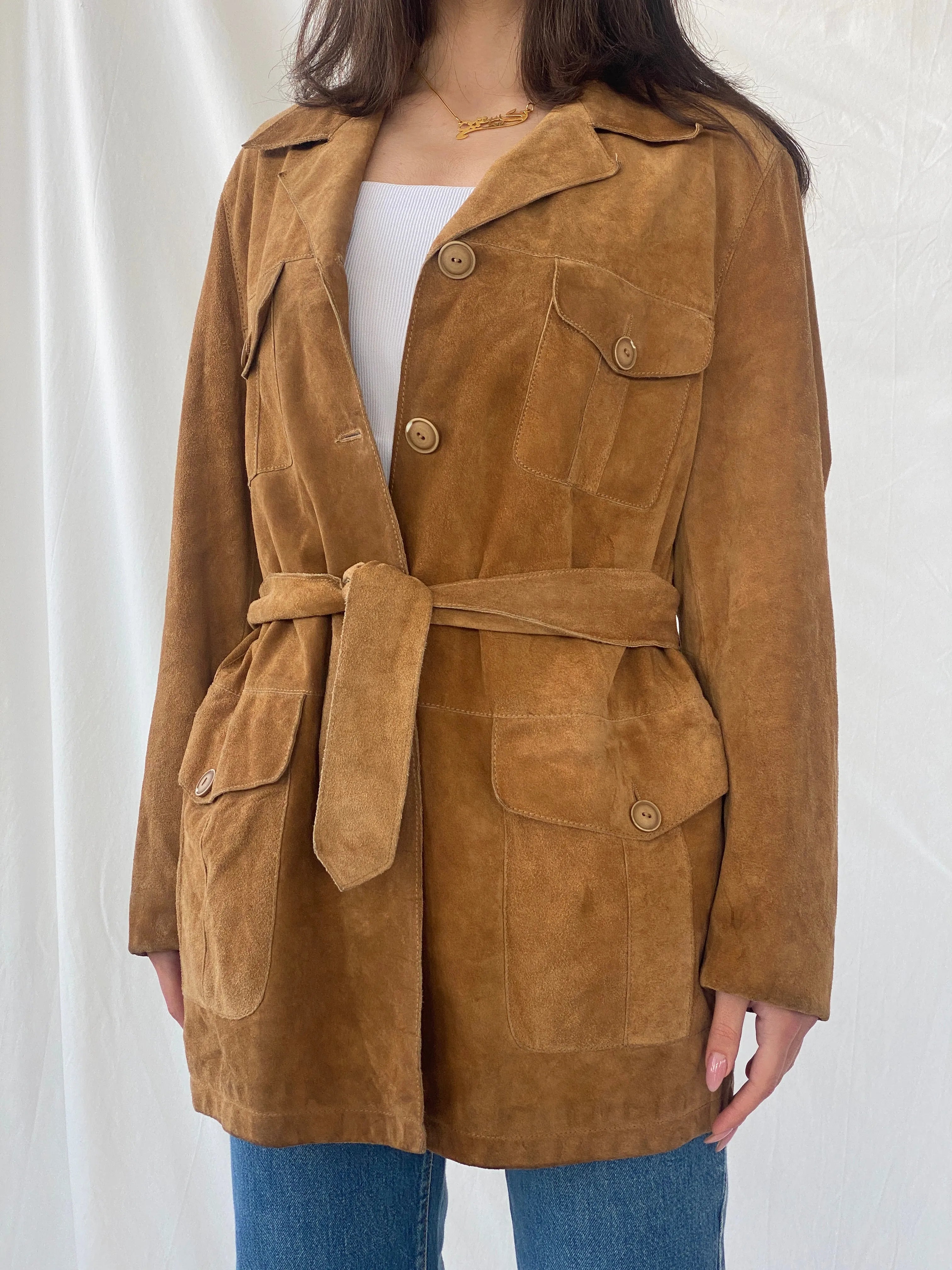 Vintage BELFE & BELFE Tan Genuine Suede Leather Buttoned Jacket - L - Balagan Vintage Coat 90s, brown leather, Christine, Coats&Jackets, genuine leather coat, leather coat, winter, Women's Leather Jackets