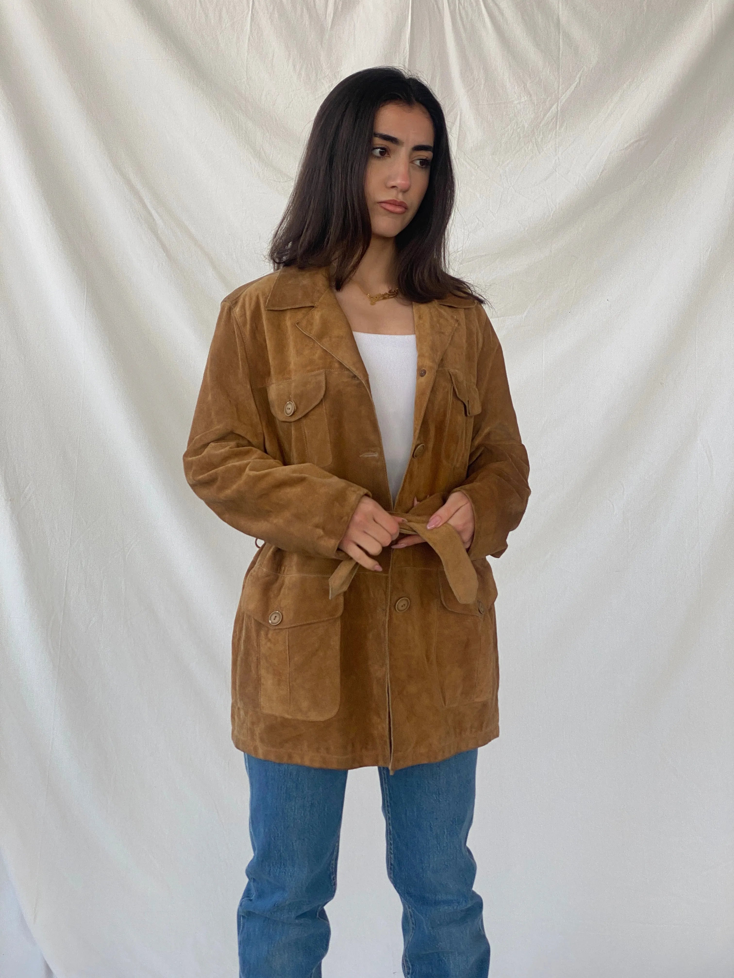Vintage BELFE & BELFE Tan Genuine Suede Leather Buttoned Jacket - L - Balagan Vintage Coat 90s, brown leather, Christine, Coats&Jackets, genuine leather coat, leather coat, winter, Women's Leather Jackets