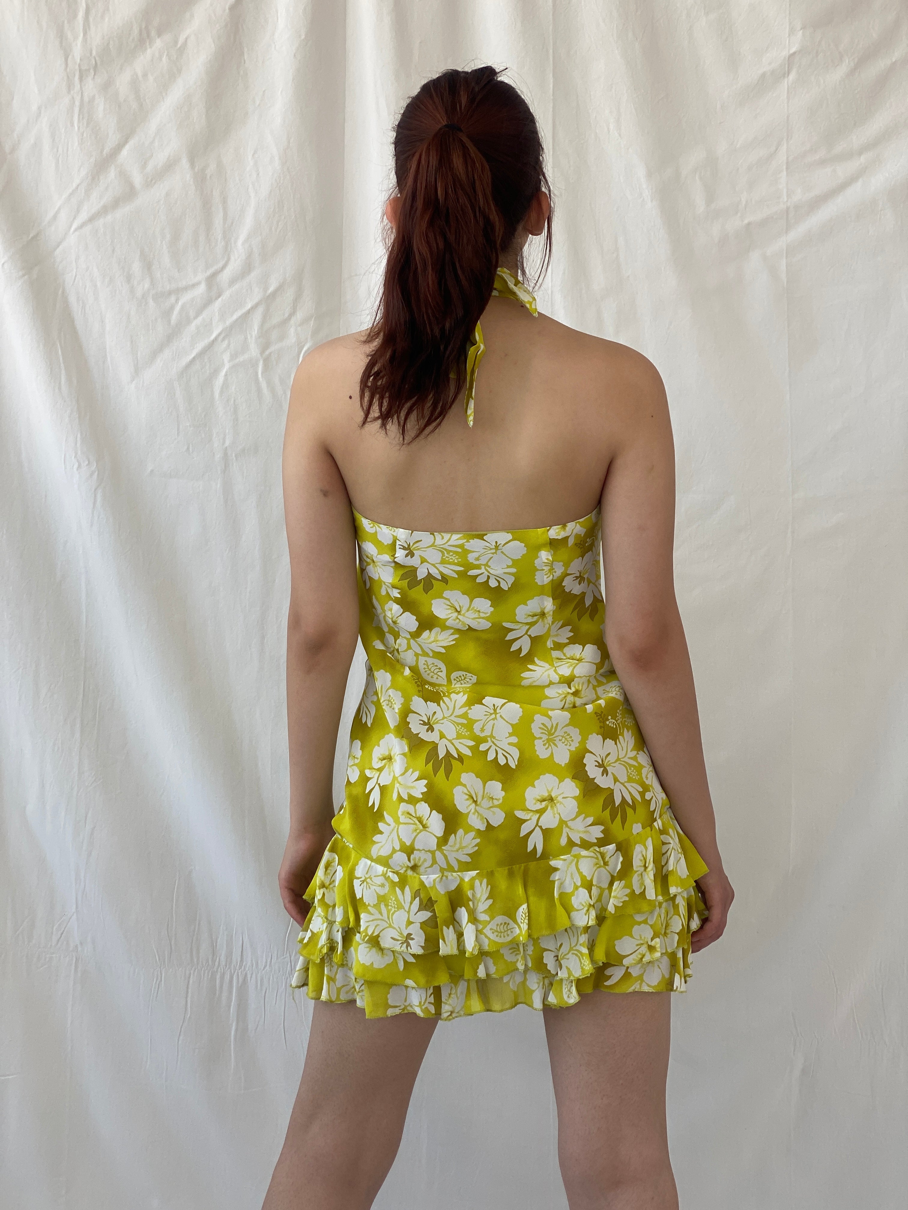 Vintage Bellino Lime Green Floral Halter Mini Summer Dress - M - Balagan Vintage Midi Dress 90s, Ayah, dress, floral, floral dress, midi dress, vintage dress