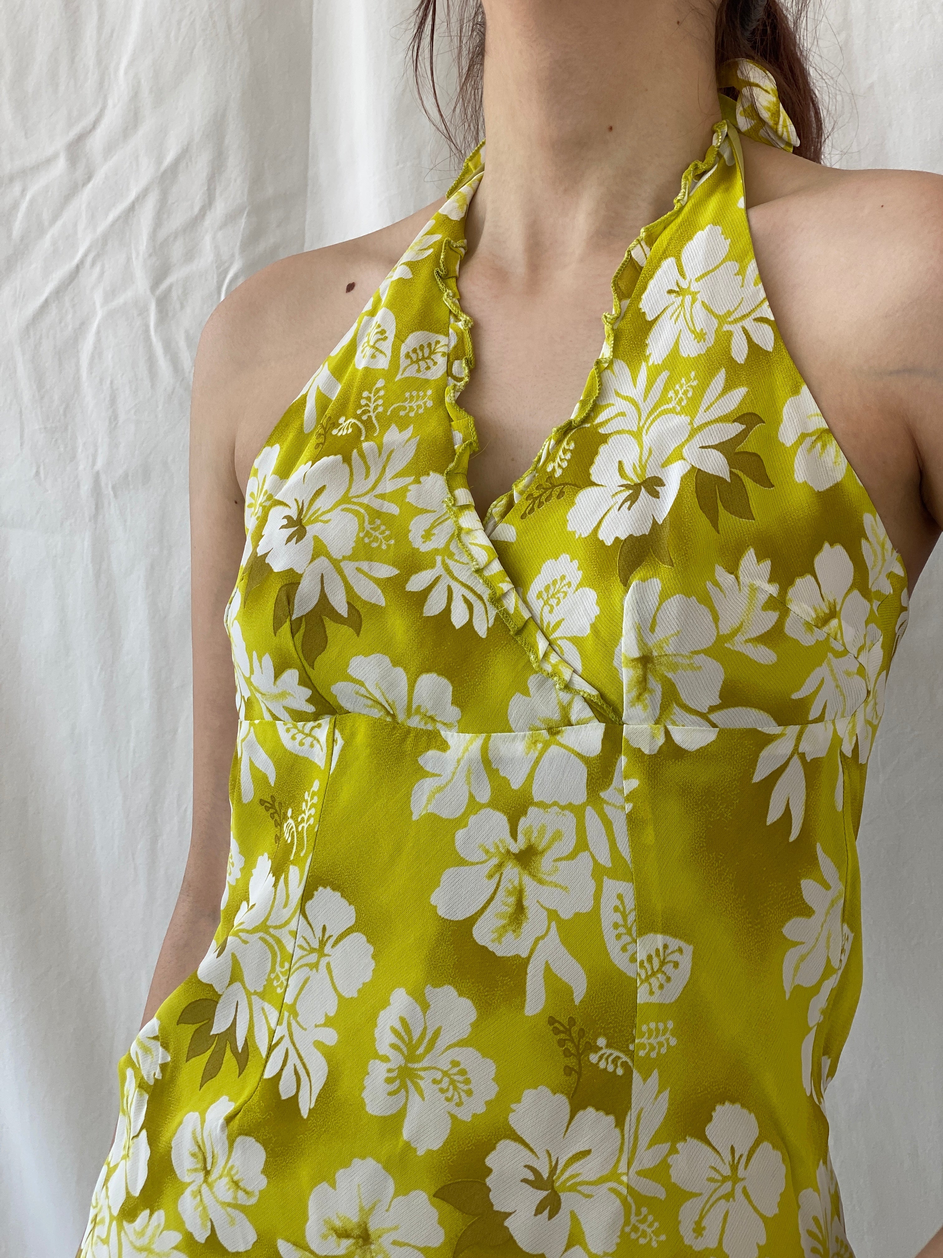 Vintage Bellino Lime Green Floral Halter Mini Summer Dress - M - Balagan Vintage Midi Dress 90s, Ayah, dress, floral, floral dress, midi dress, vintage dress