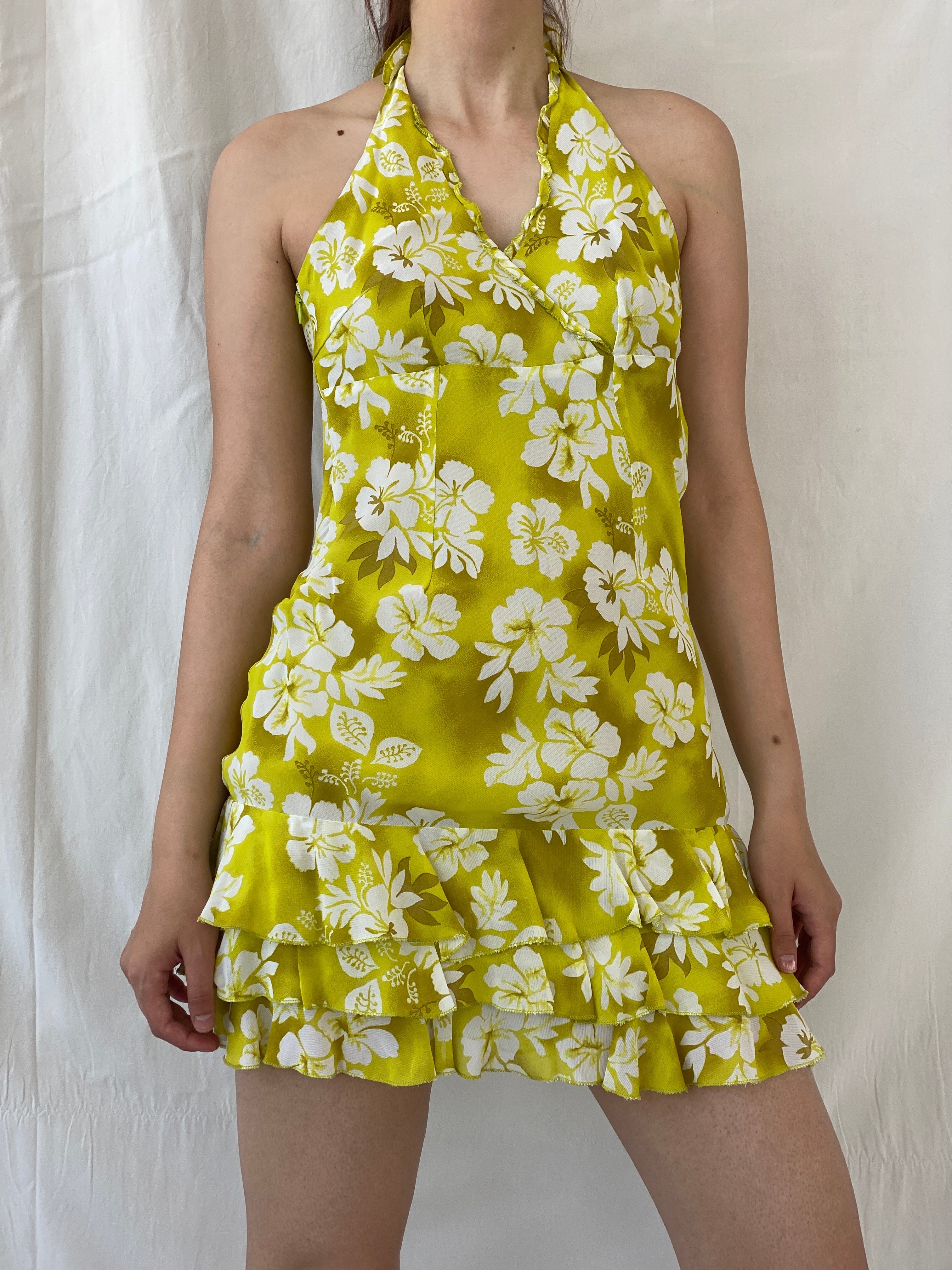 Vintage Bellino Lime Green Floral Halter Mini Summer Dress - M - Balagan Vintage Midi Dress 90s, Ayah, dress, floral, floral dress, midi dress, vintage dress
