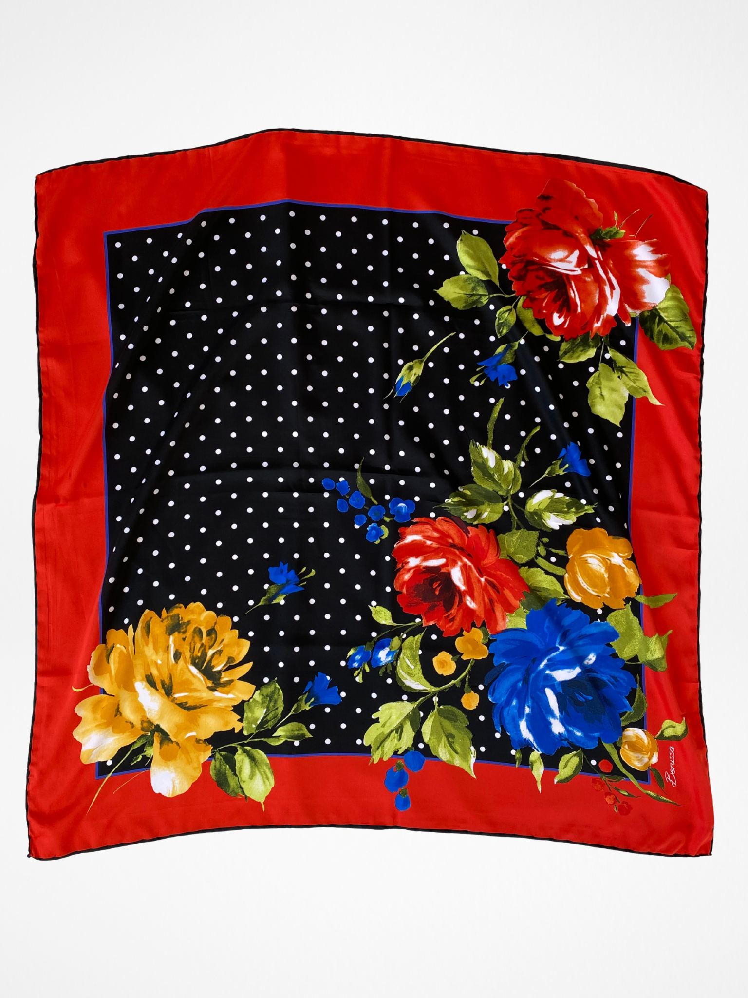 Vintage Berussa Red Polka Dot Black White Floral Satin Scarf - Balagan Vintage Scarf 00s, multicolored, NEW IN, scarf, summer
