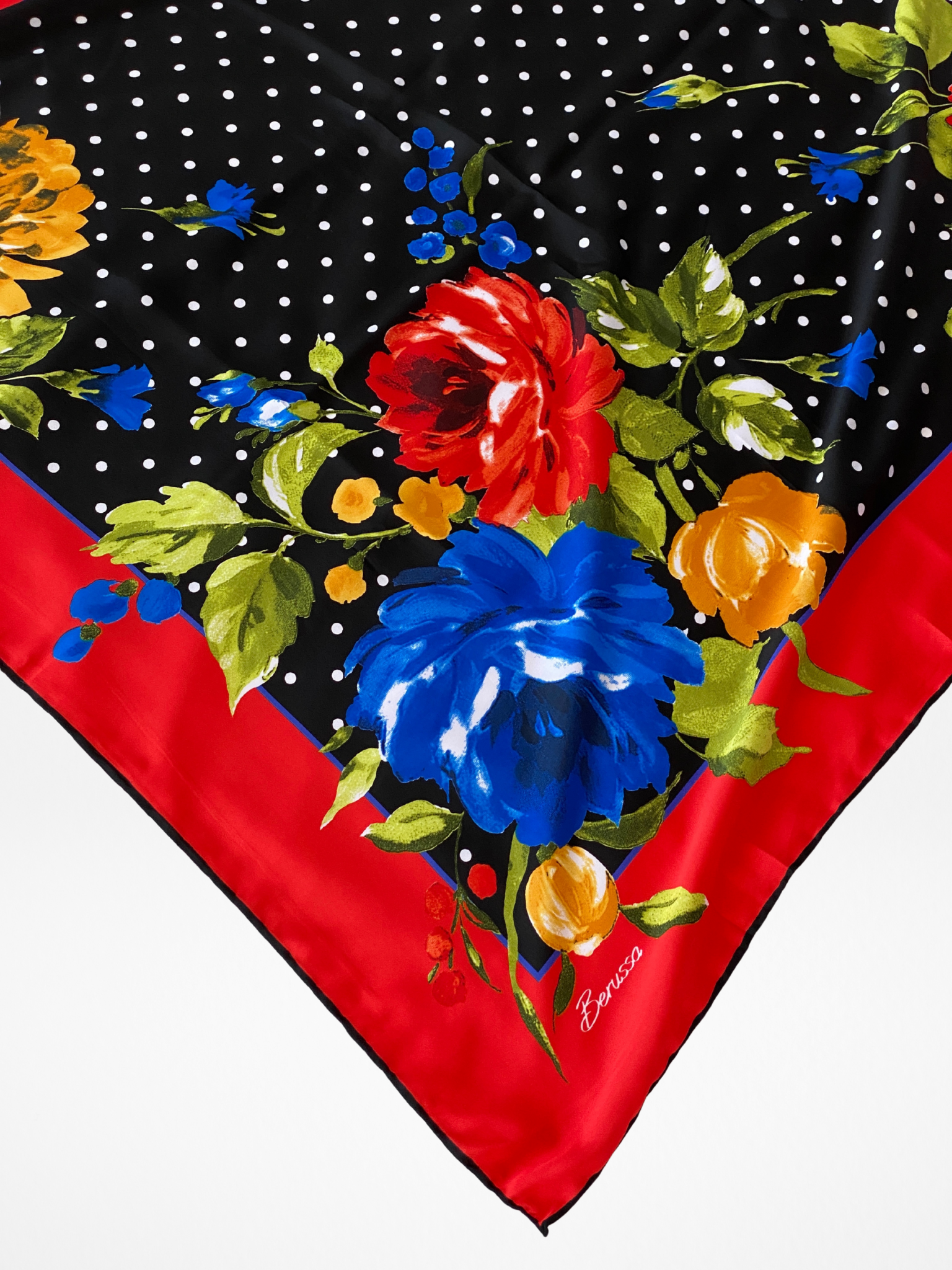 Vintage Berussa Red Polka Dot Black White Floral Satin Scarf - Balagan Vintage Scarf 00s, multicolored, NEW IN, scarf, summer