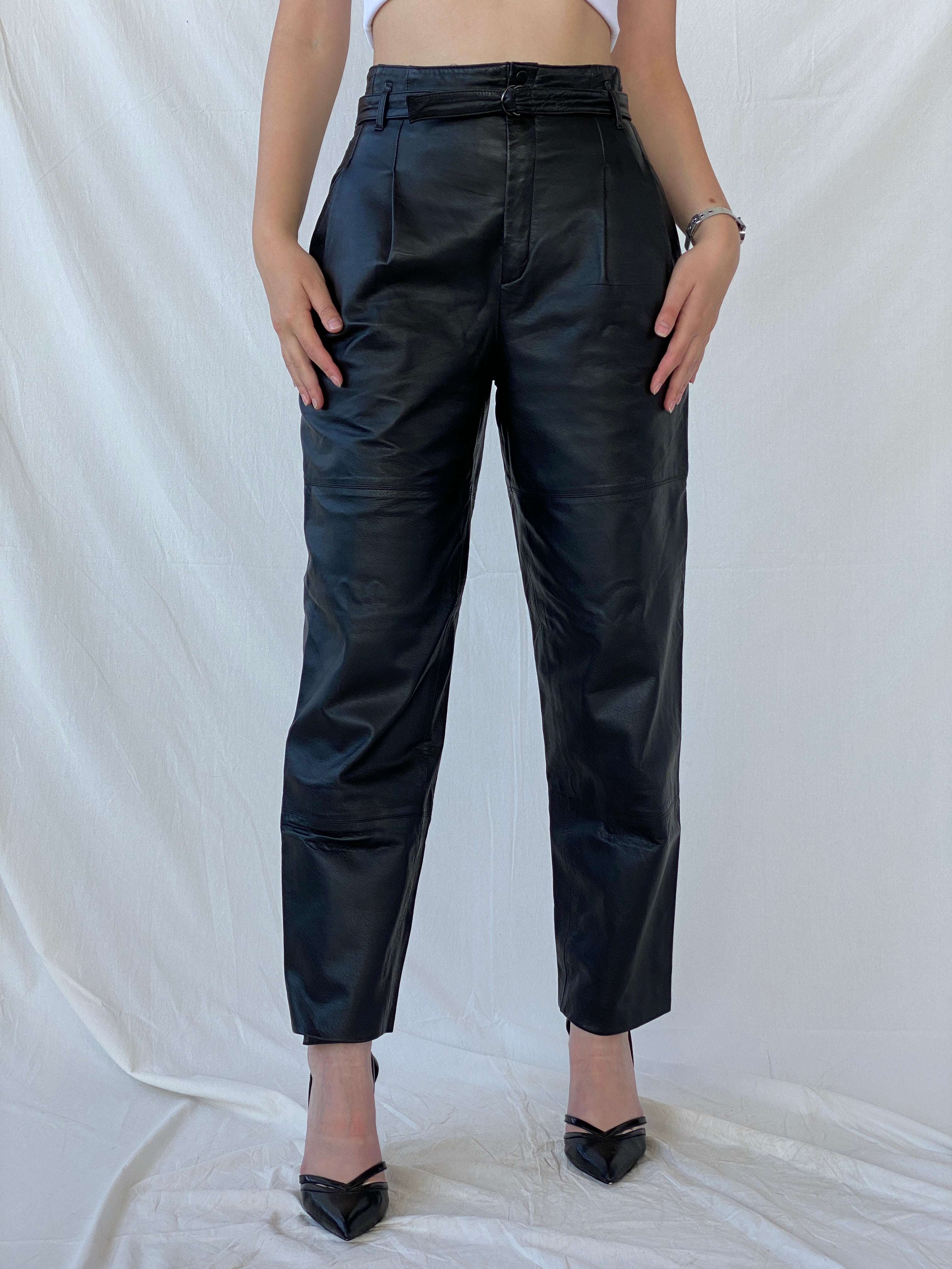 Vintage Betty Barclay Black Genuine Leather Biker Belted Pants - M - Balagan Vintage Pants Ayah, consignment, genuine leather, Janan, leather, pants, women pants