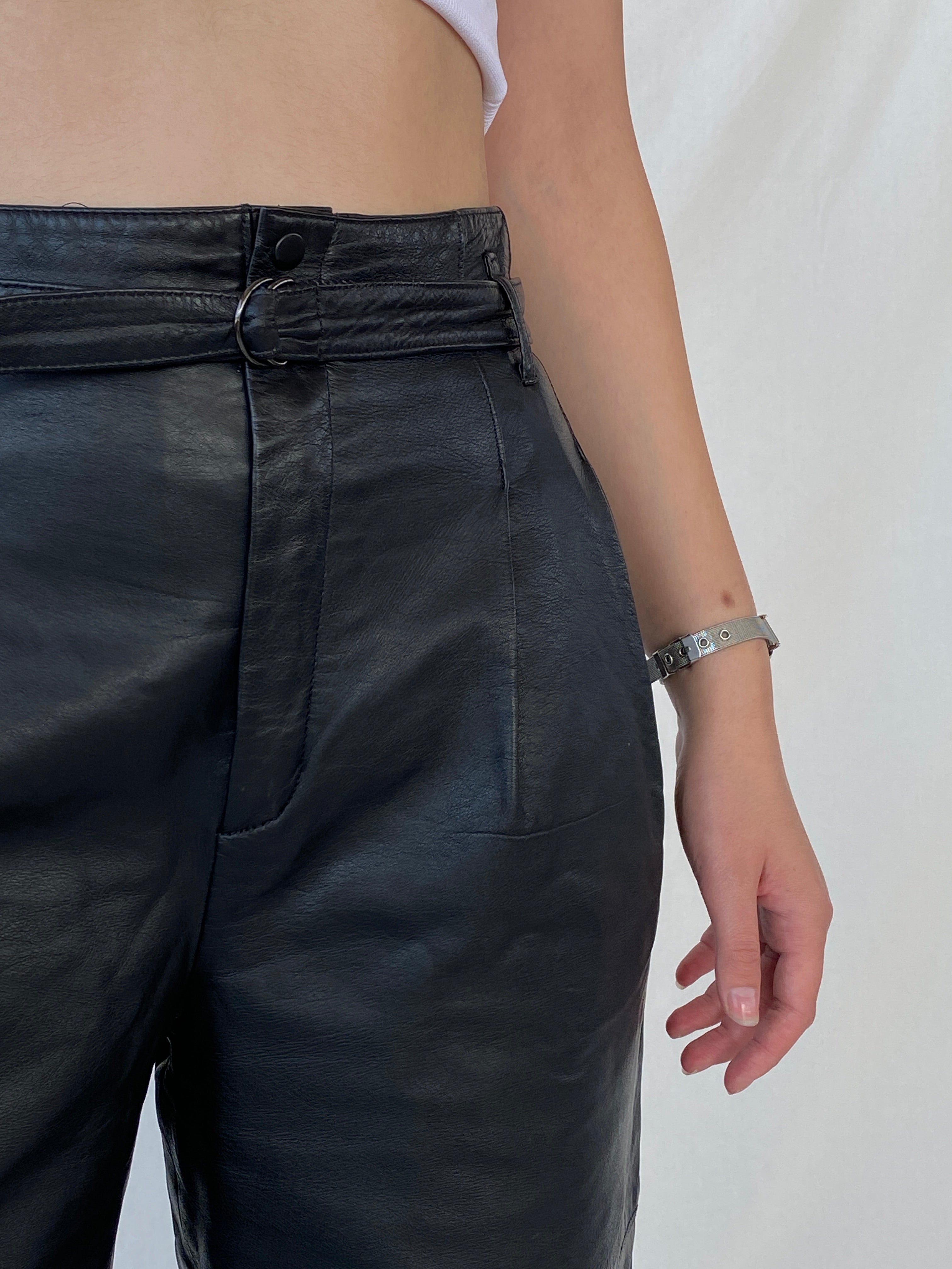 Vintage Betty Barclay Black Genuine Leather Biker Belted Pants - M - Balagan Vintage Pants Ayah, consignment, genuine leather, Janan, leather, pants, women pants