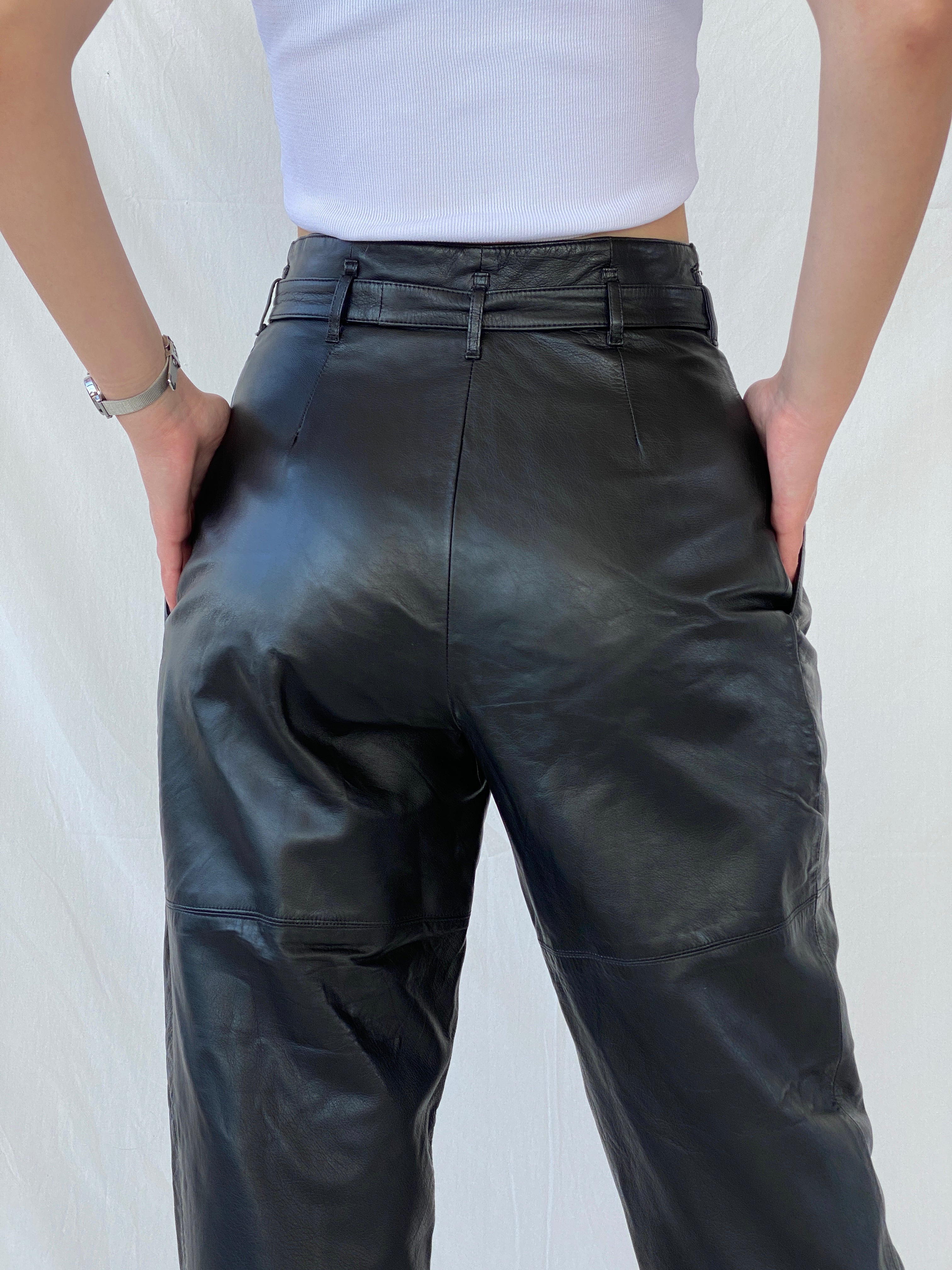 Vintage Betty Barclay Black Genuine Leather Biker Belted Pants - M - Balagan Vintage Pants Ayah, consignment, genuine leather, Janan, leather, pants, women pants