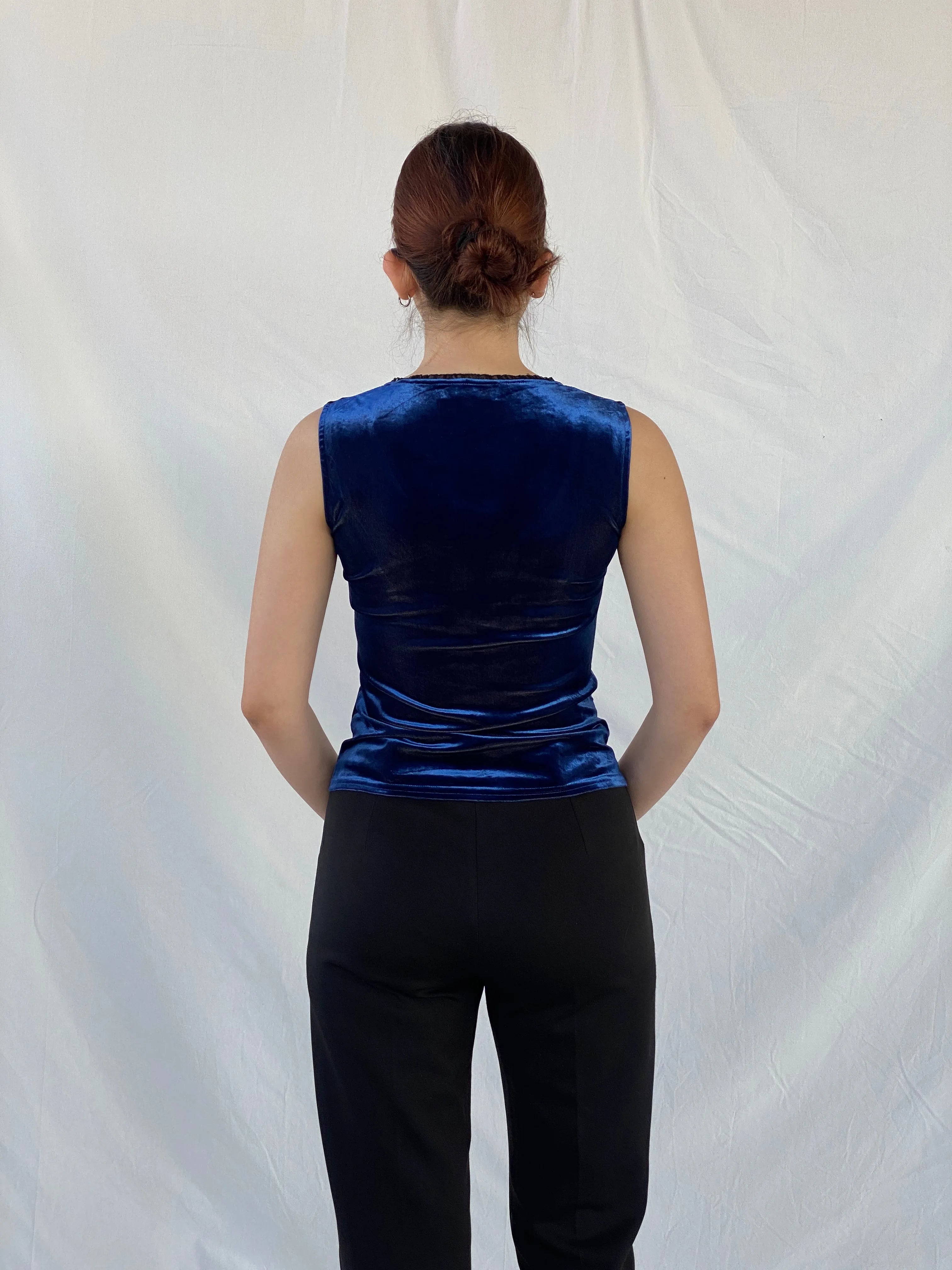 Vintage Bisou-Bisou by Michelle Bohbot Velvet Blue Corset Top - M - Balagan Vintage Sleeveless Top 00s, 90s, Ayah, consignment, corset, Melika, sleeveless top, velvet, velvet top