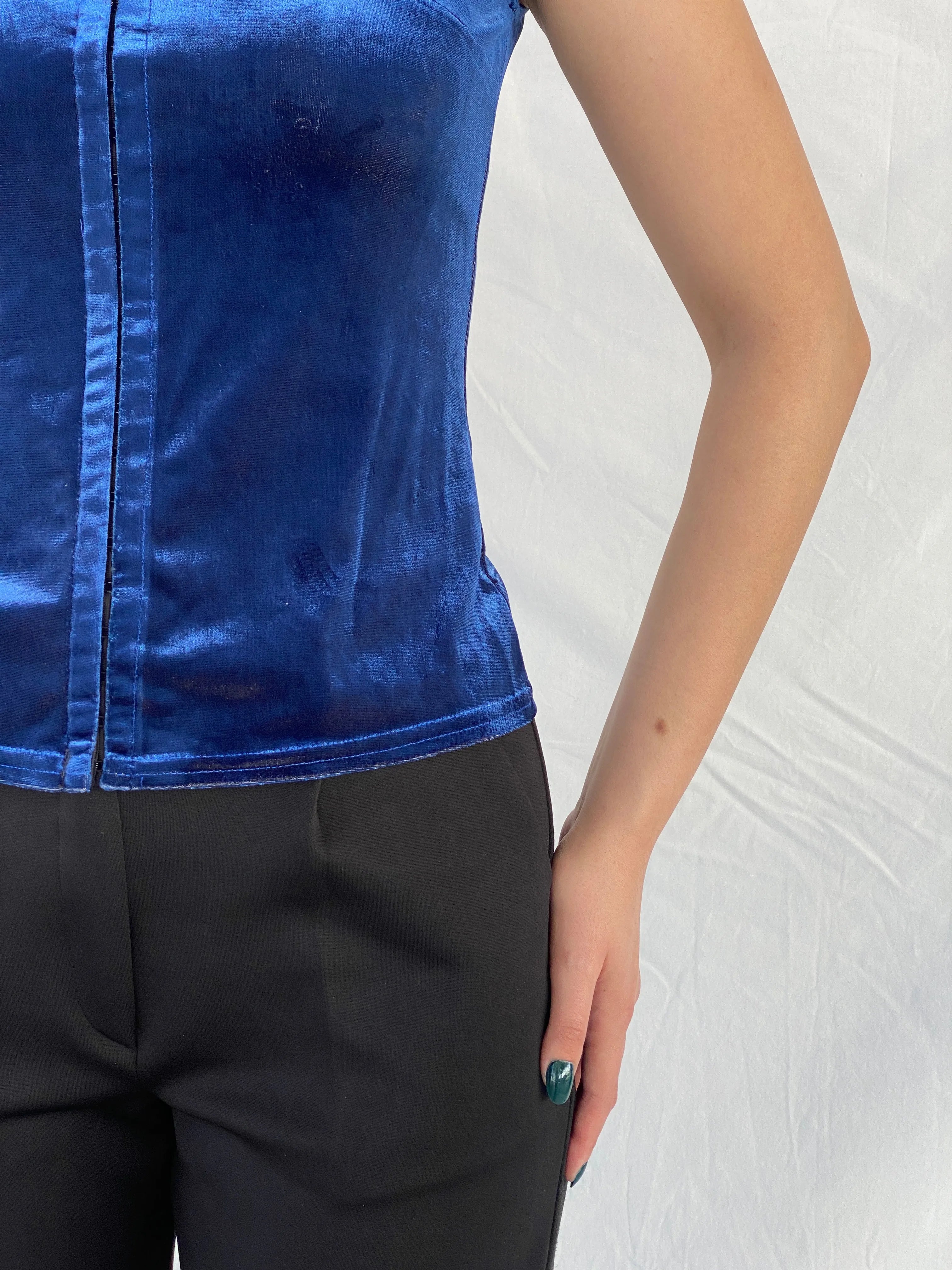 Vintage Bisou-Bisou by Michelle Bohbot Velvet Blue Corset Top - M - Balagan Vintage Sleeveless Top 00s, 90s, Ayah, consignment, corset, Melika, sleeveless top, velvet, velvet top