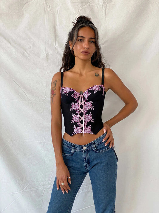 Vintage Black and Pink Floral Embroidered Corset - XS - Balagan Vintage Corset 90s, corset, floral, floral top, summer, Tojan