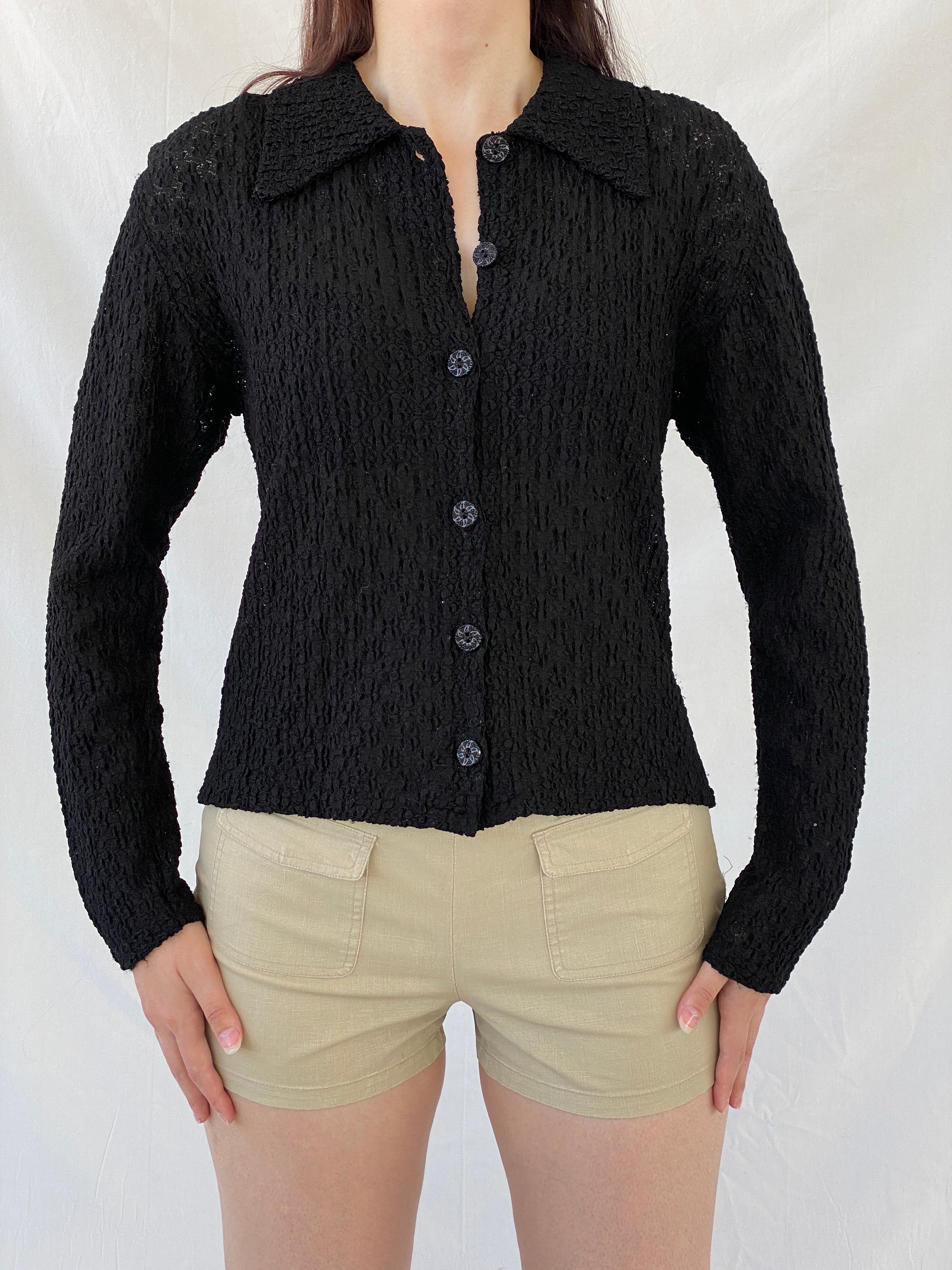 Vintage Black Crinkle Knit Cardigan Textured Long Sleeve Shirt - M - Balagan Vintage Full Sleeve Shirt 00s, Ayah, full sleeve shirt, NEW IN, Office core, summer