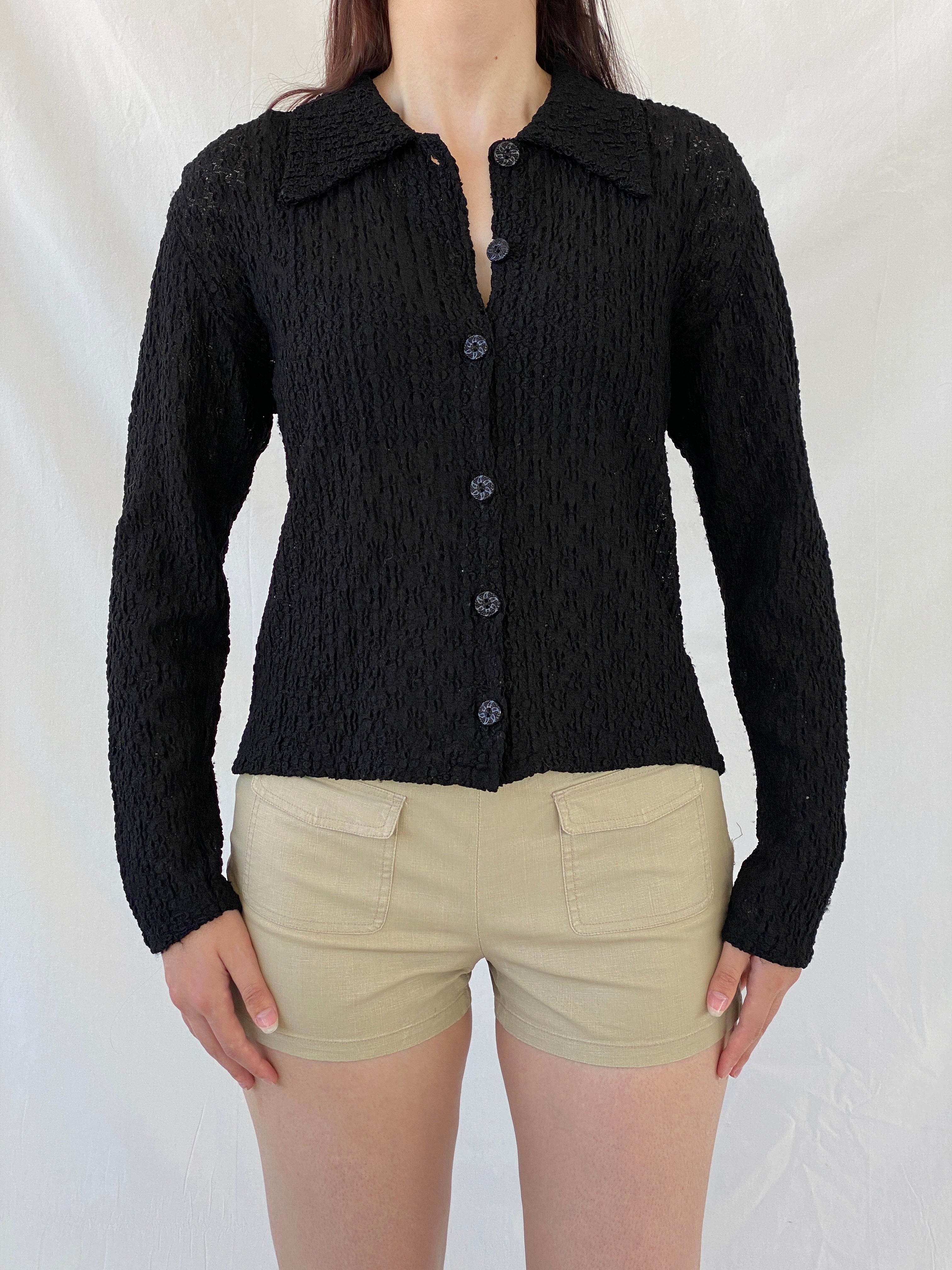 Vintage Black Crinkle Knit Cardigan Textured Long Sleeve Shirt - M - Balagan Vintage Full Sleeve Shirt 00s, Ayah, full sleeve shirt, NEW IN, Office core, summer