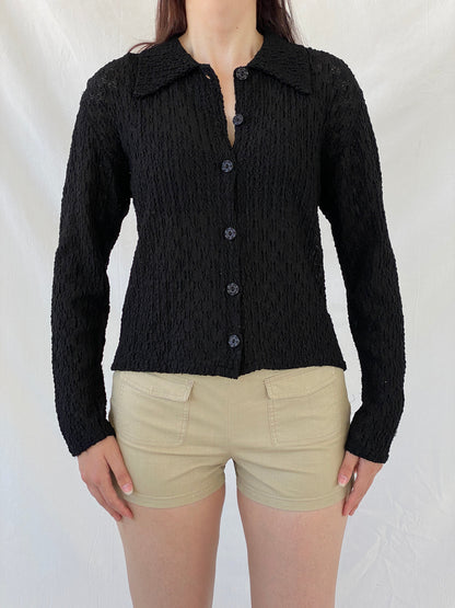 Vintage Black Crinkle Knit Cardigan Textured Long Sleeve Shirt - M - Balagan Vintage Full Sleeve Shirt 00s, Ayah, full sleeve shirt, NEW IN, Office core, summer