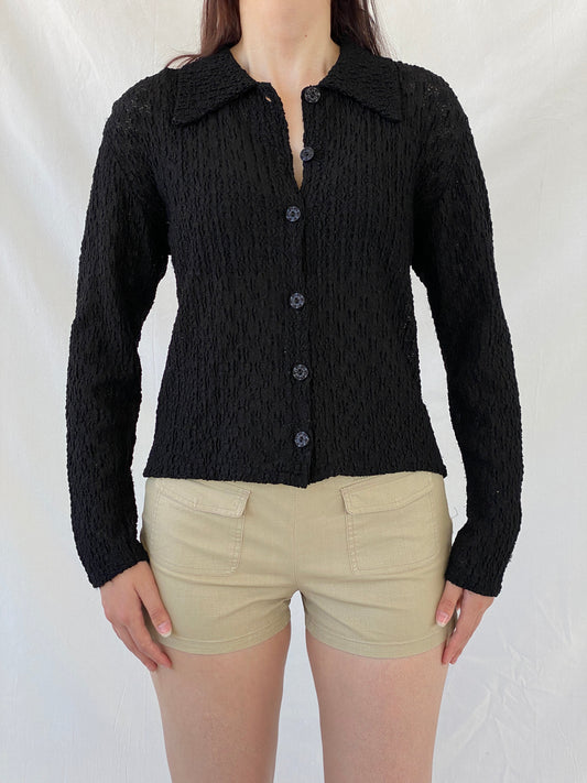 Vintage Black Crinkle Knit Cardigan Textured Long Sleeve Shirt - M - Balagan Vintage Full Sleeve Shirt 00s, Ayah, full sleeve shirt, NEW IN, Office core, summer