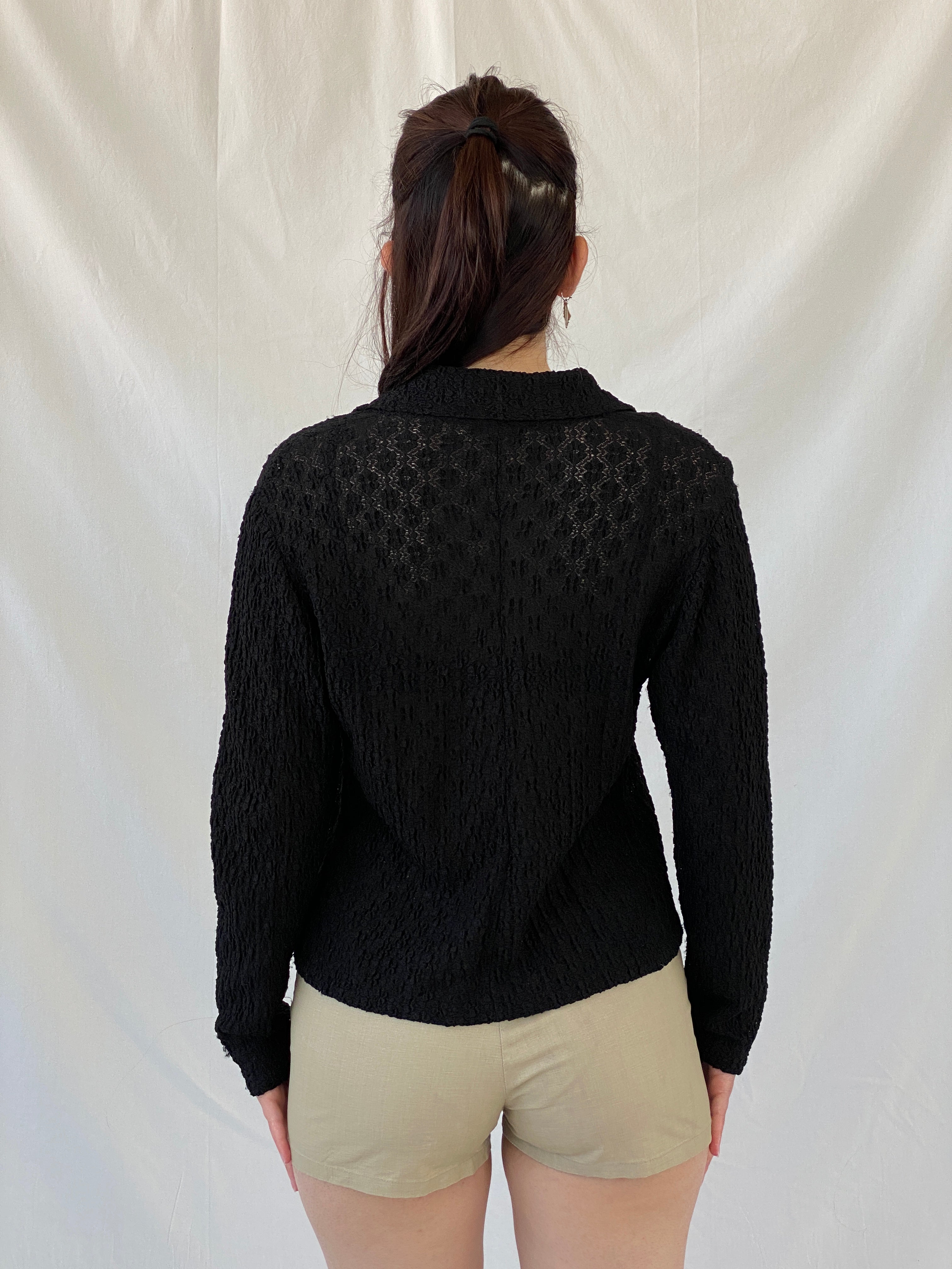 Vintage Black Crinkle Knit Cardigan Textured Long Sleeve Shirt - M - Balagan Vintage Full Sleeve Shirt 00s, Ayah, full sleeve shirt, NEW IN, Office core, summer
