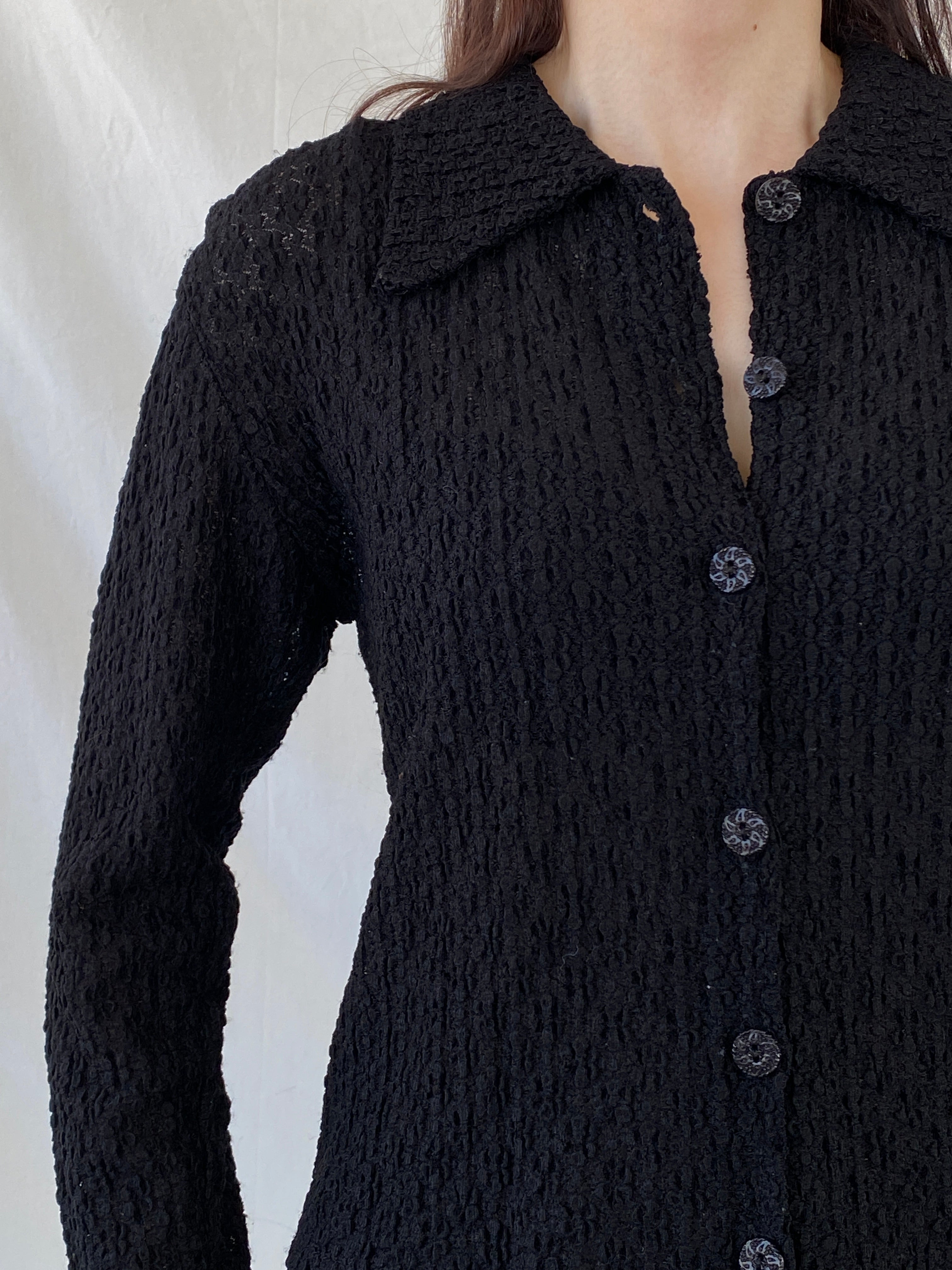 Vintage Black Crinkle Knit Cardigan Textured Long Sleeve Shirt - M - Balagan Vintage Full Sleeve Shirt 00s, Ayah, full sleeve shirt, NEW IN, Office core, summer
